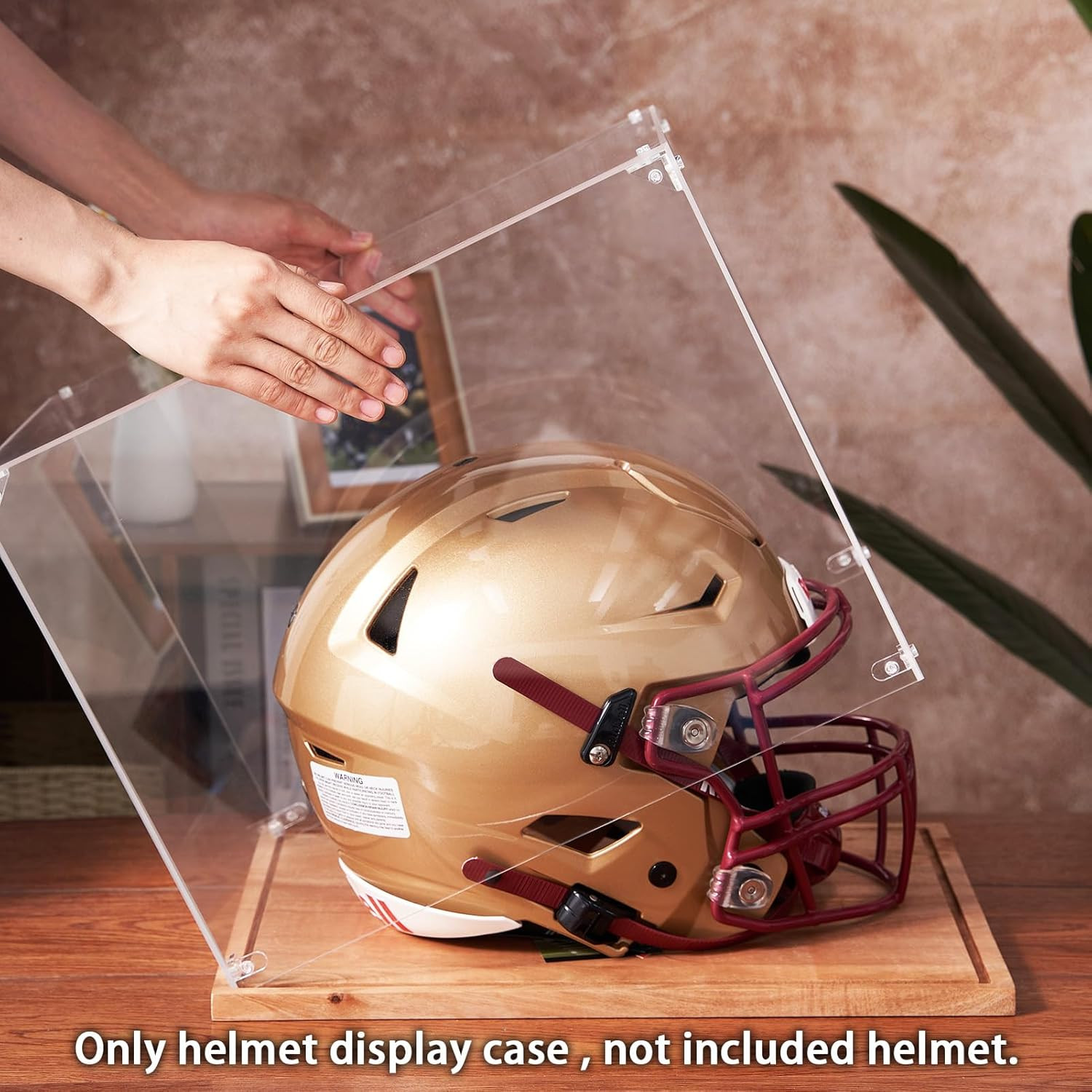 Acrylic Football Helmet Display Case with Solid Wood Base, UV Protection