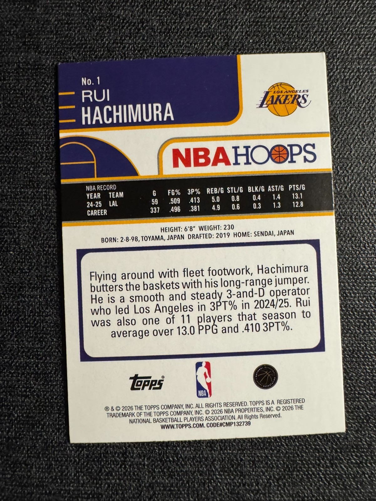 Rui Hachimura #1 – 2025/26 Topps NBA HOOPS Basketball Card