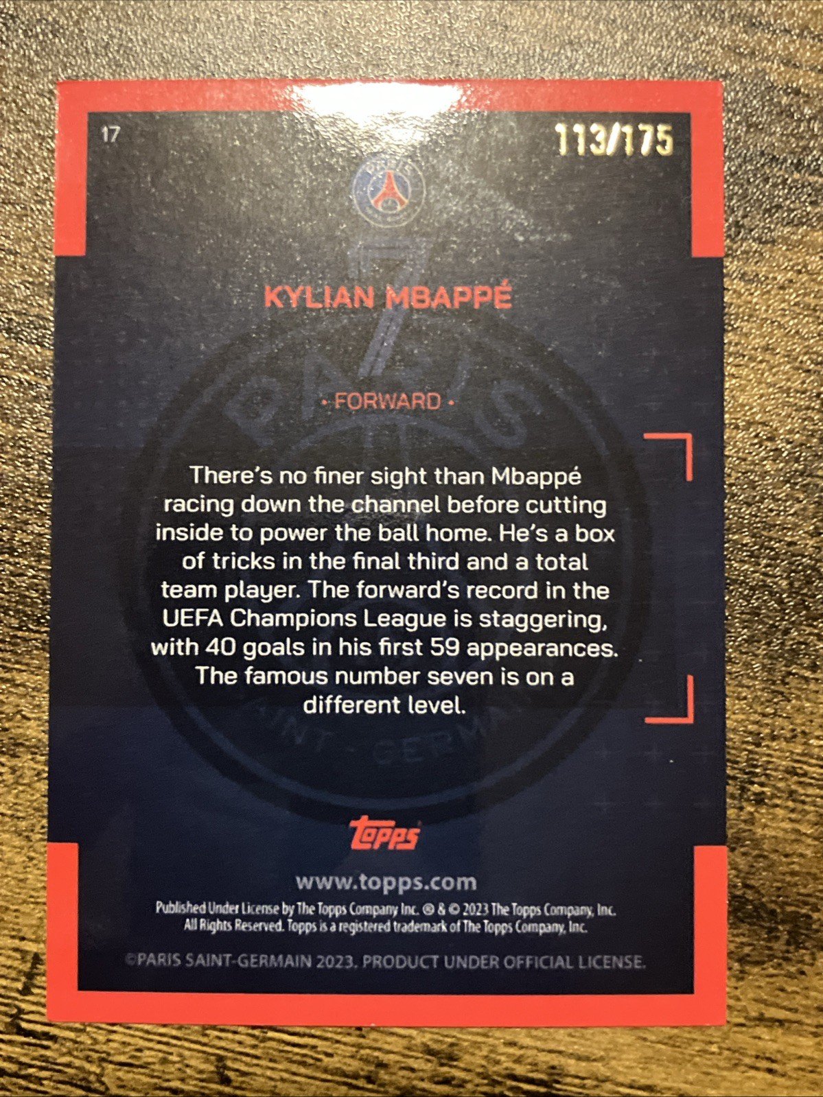 2023 TOPPS Kylian Mbappe PSG Soccer Refractor Card Near Mint Green /175