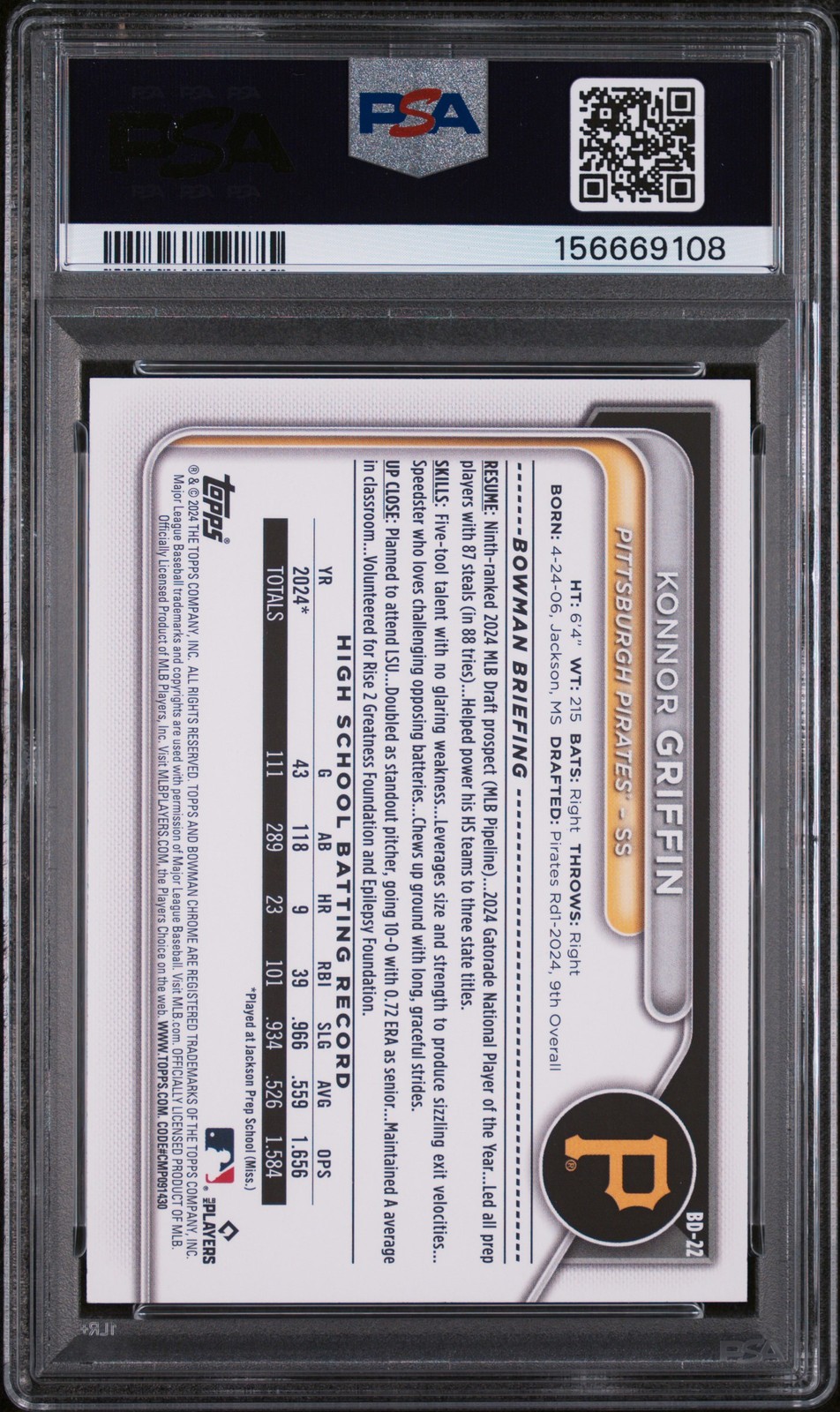 2024 Bowman Draft #BD22 Konnor Griffin Pirates PSA 9