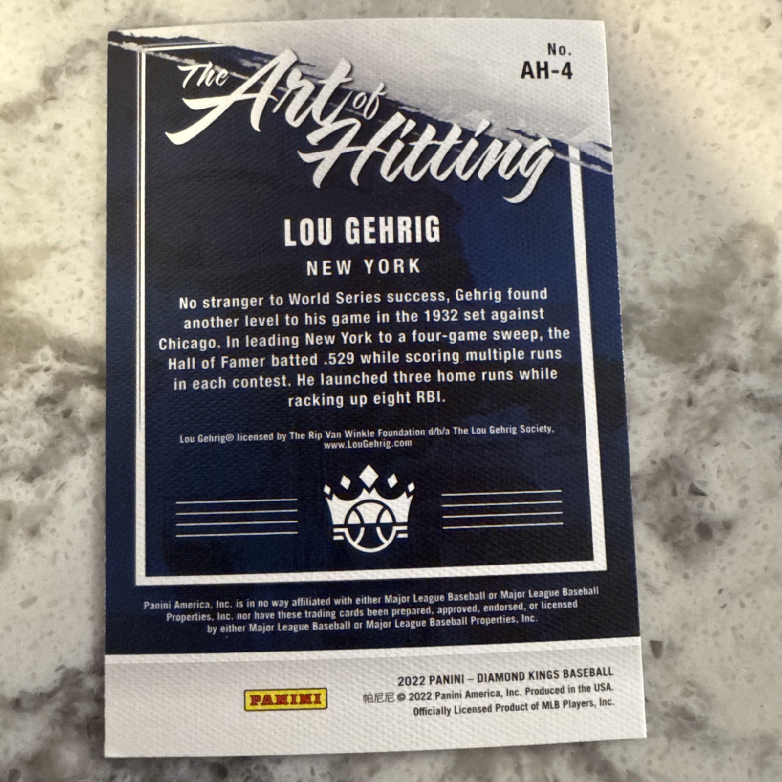 2022 Panini Diamond Kings – The Art of Hitting Lou Gehrig #AH-4