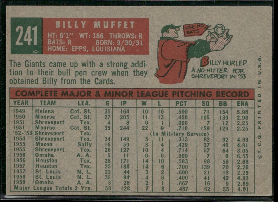 1959 Topps – Billy Muffett #241 ~ VG+ ~