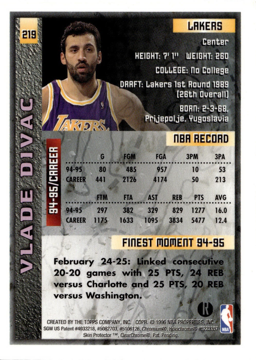 1995-96 Finest #219 Vlade Divac Refractors LAKERS HOFer