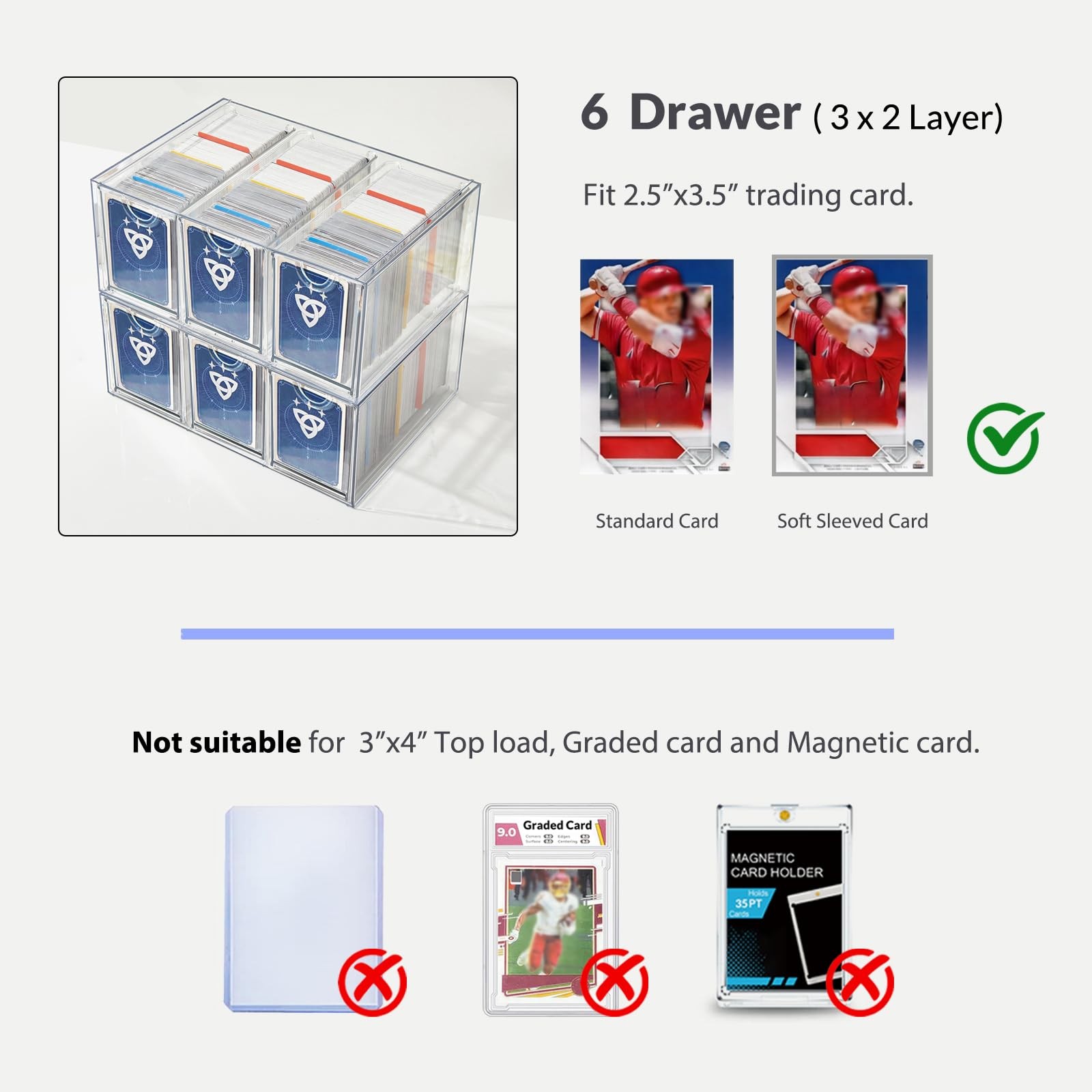 6 Drawer Trading Card Storage Box, 2200+ Cards Organizer with Divider, Clear …