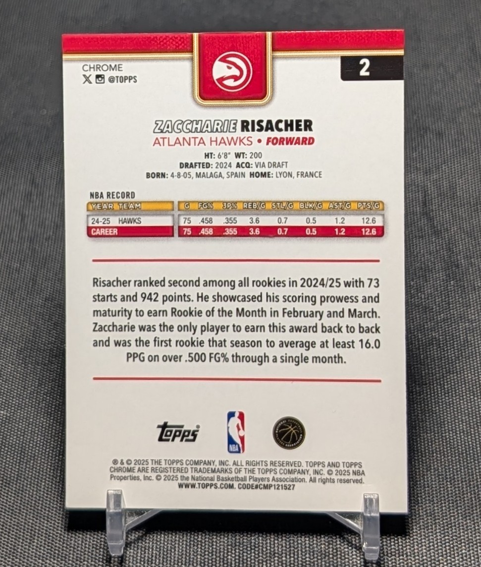 Zaccharie Risacher Aqua Raywave Refractor /199 2025/26 Topps Chrome Card 2 Hawks