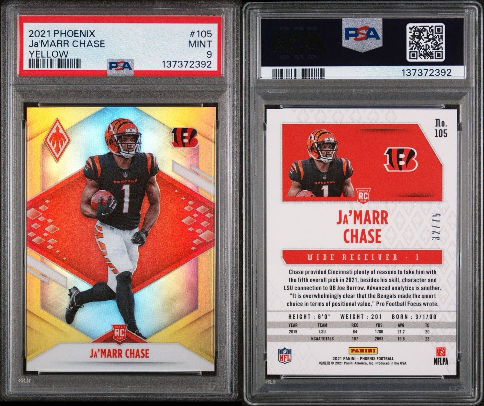 2021 Panini Phoenix – Rookie Ja’Marr Chase #105 Yellow /75 (RC)