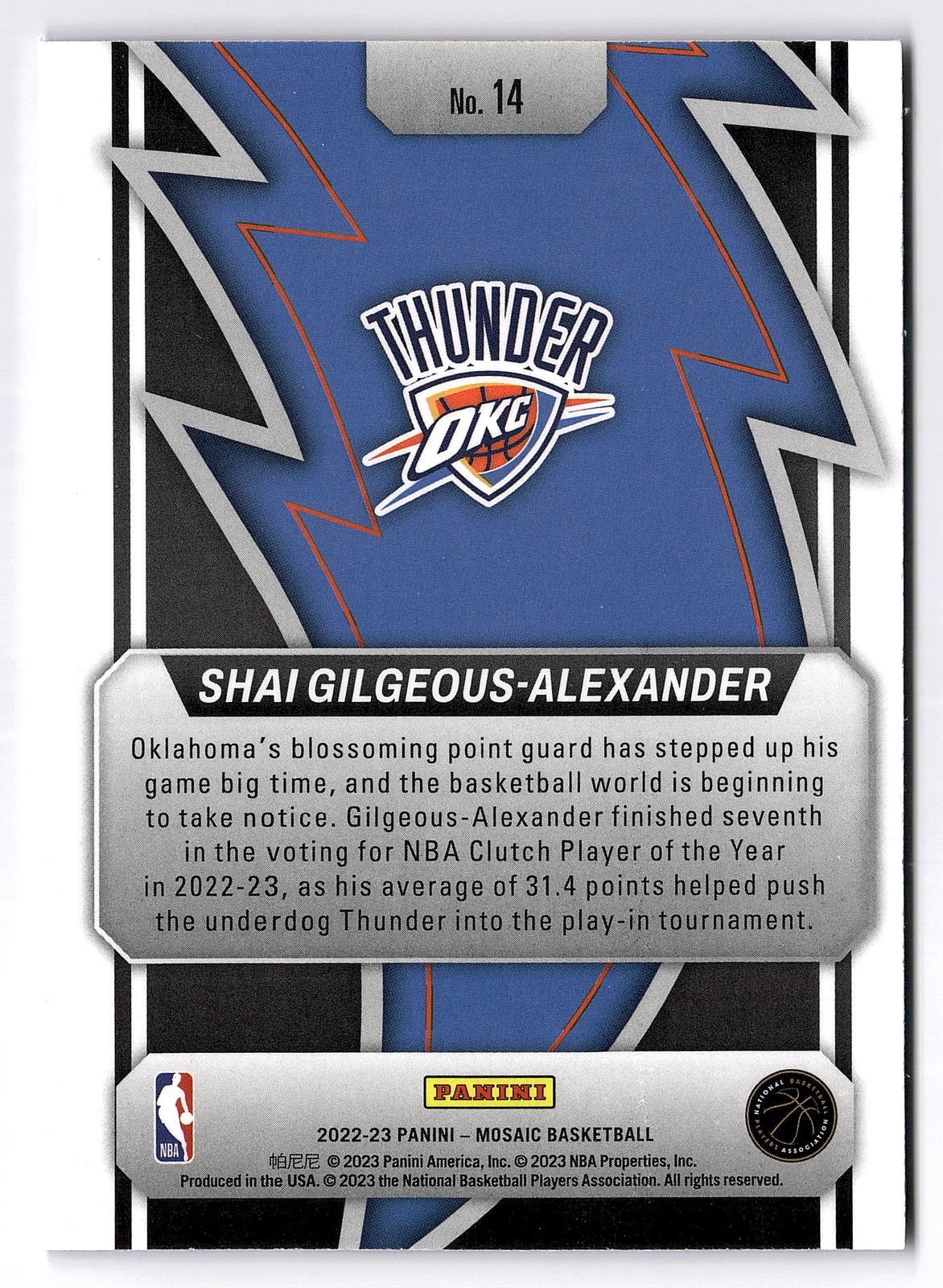 2022-23 Panini Mosaic #14 Shai Gilgeous-Alexander Thunder Road Thunder