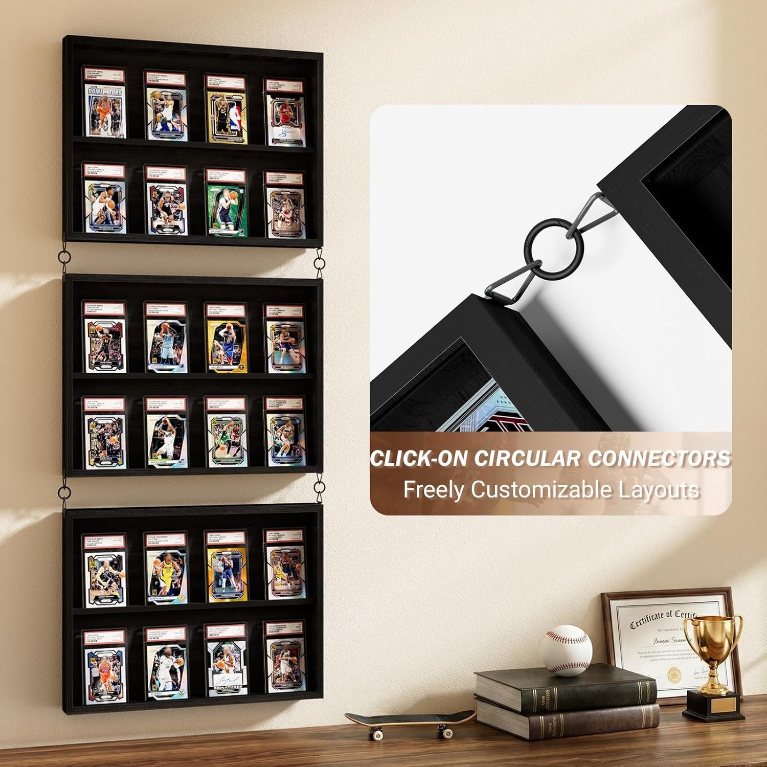 3-Pack Black Wooden Trading Card Display Cases with Acrylic Front for Wall Mount