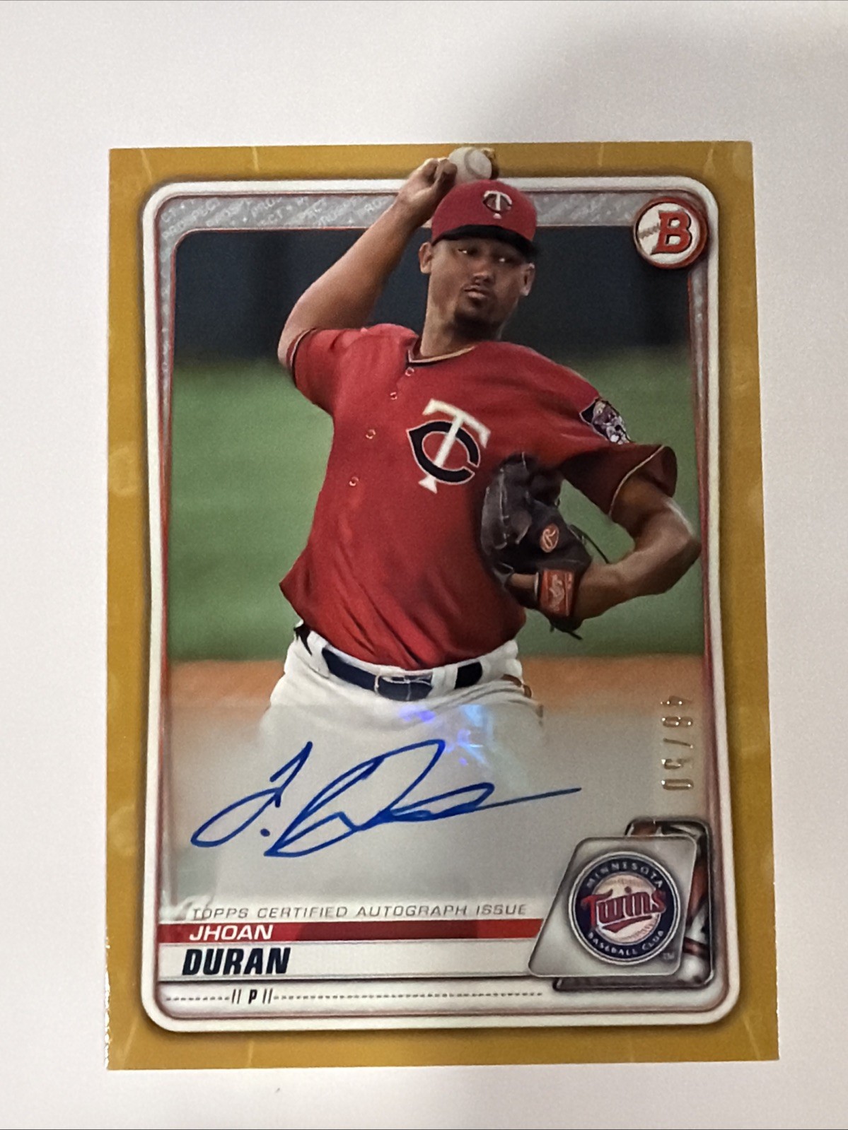 2020 Bowman – #PA-JD Prospects Autographs Jhoan Duran Gold /50 Minnesota Twins