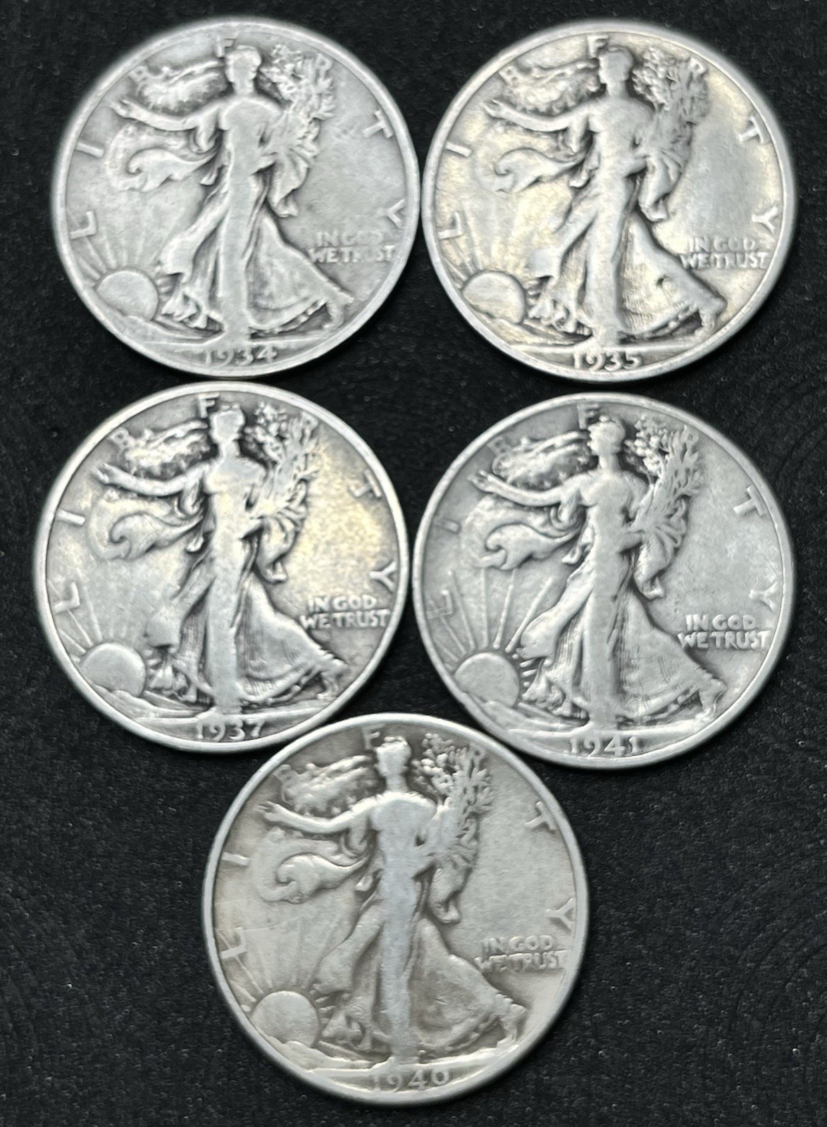 lot of 5 walking liberty half doIlars Various Dates & Mint Locations.