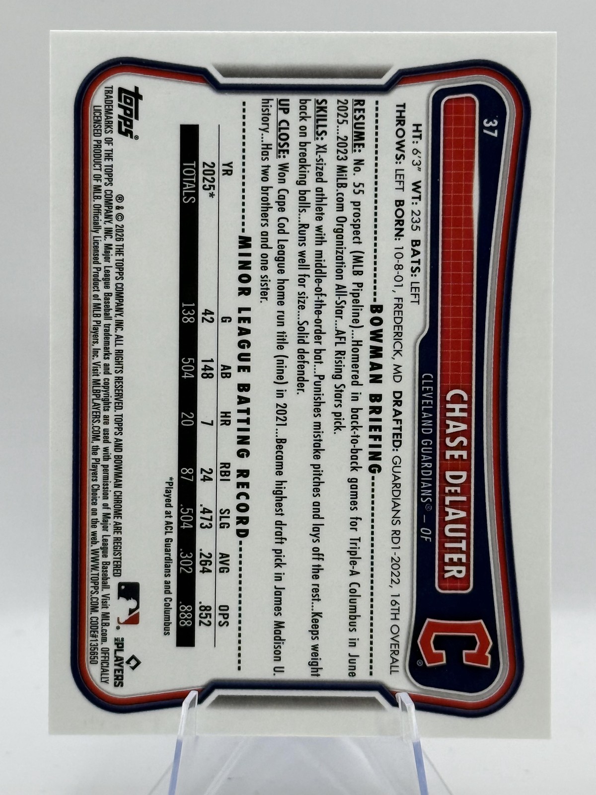 2026 Bowman Chase DeLauter Rookie Red RC Logo #37 Cleveland Guardians RC