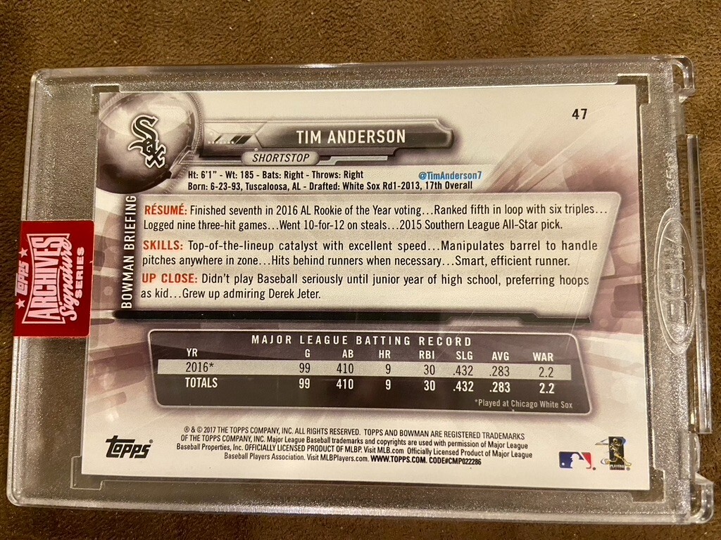 2019 Topss Archives Signature Series Tim Anderson 03/26 2017 Bowman Encased Auto