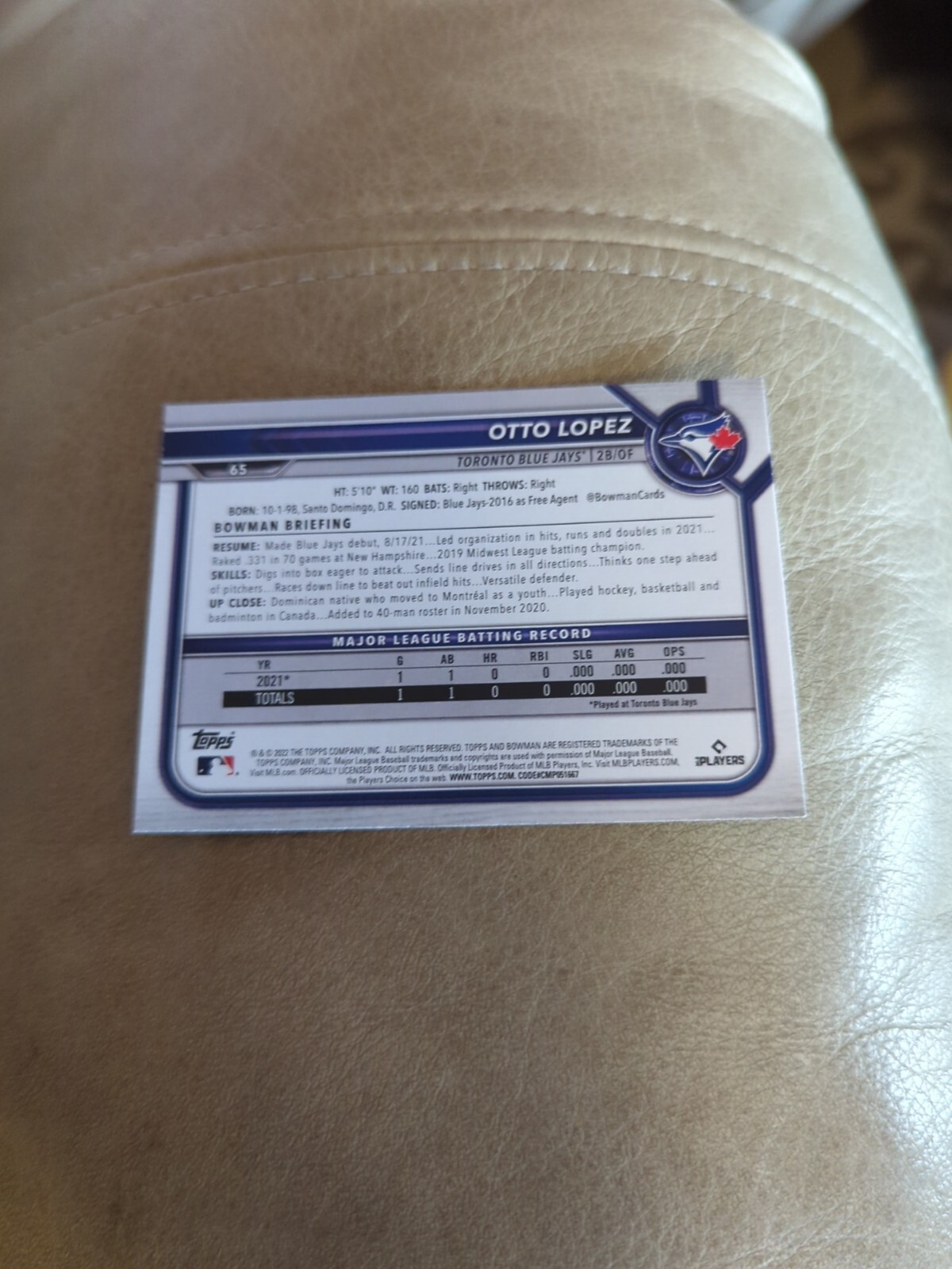 2022 Bowman #65 Otto Lopez RC Toronto Blue Jays