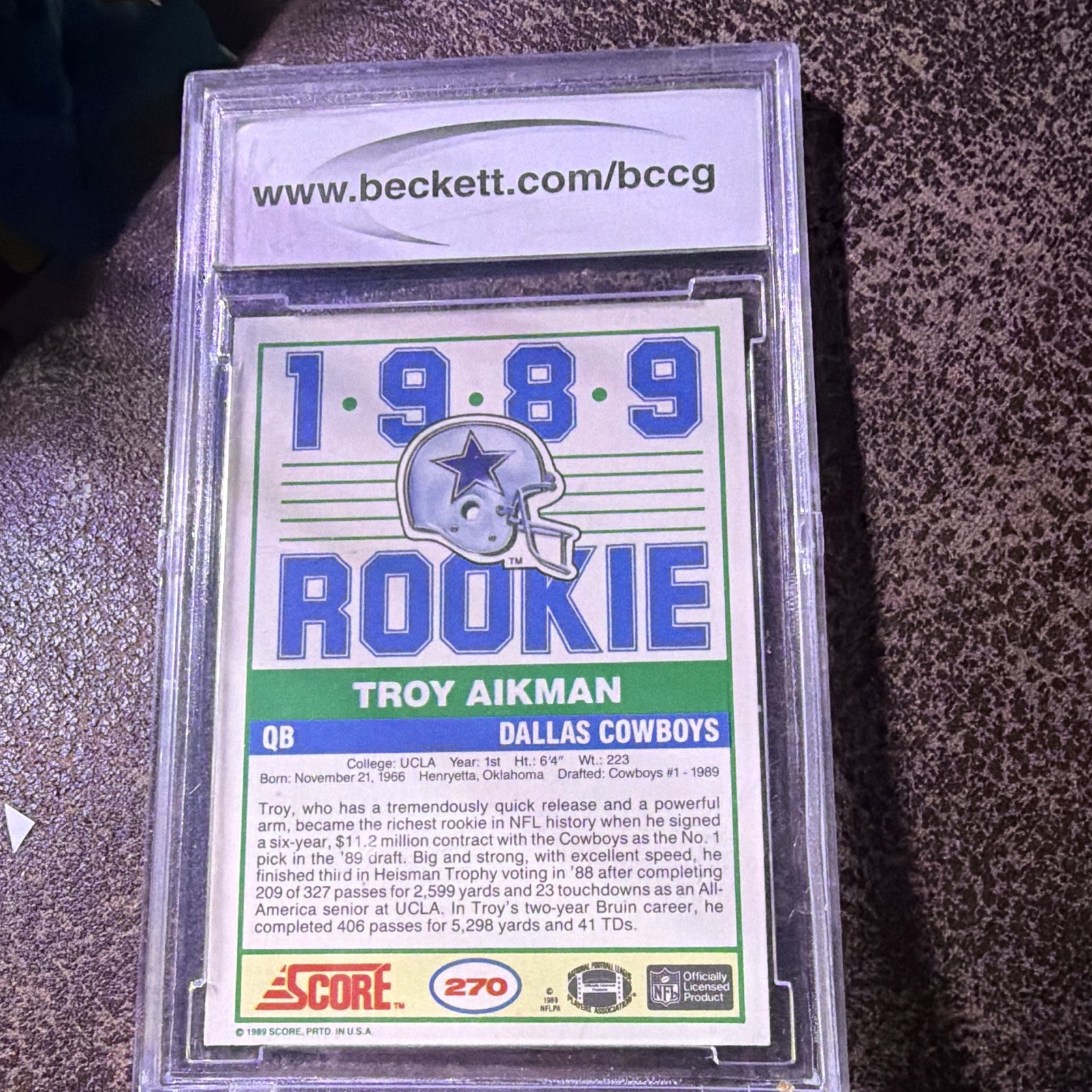 Score 1989 Score Troy Aikman #270 Rookie Dallas Cowboys BCCG 10