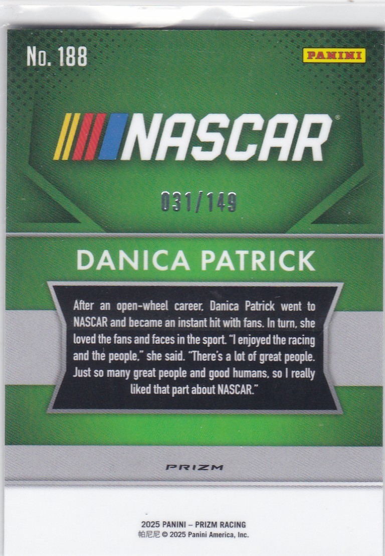 2025 PANINI PRIZM RACING DANICA PATRICK LOT OF 2 #188 CARD #’D 031/149 & 02/99