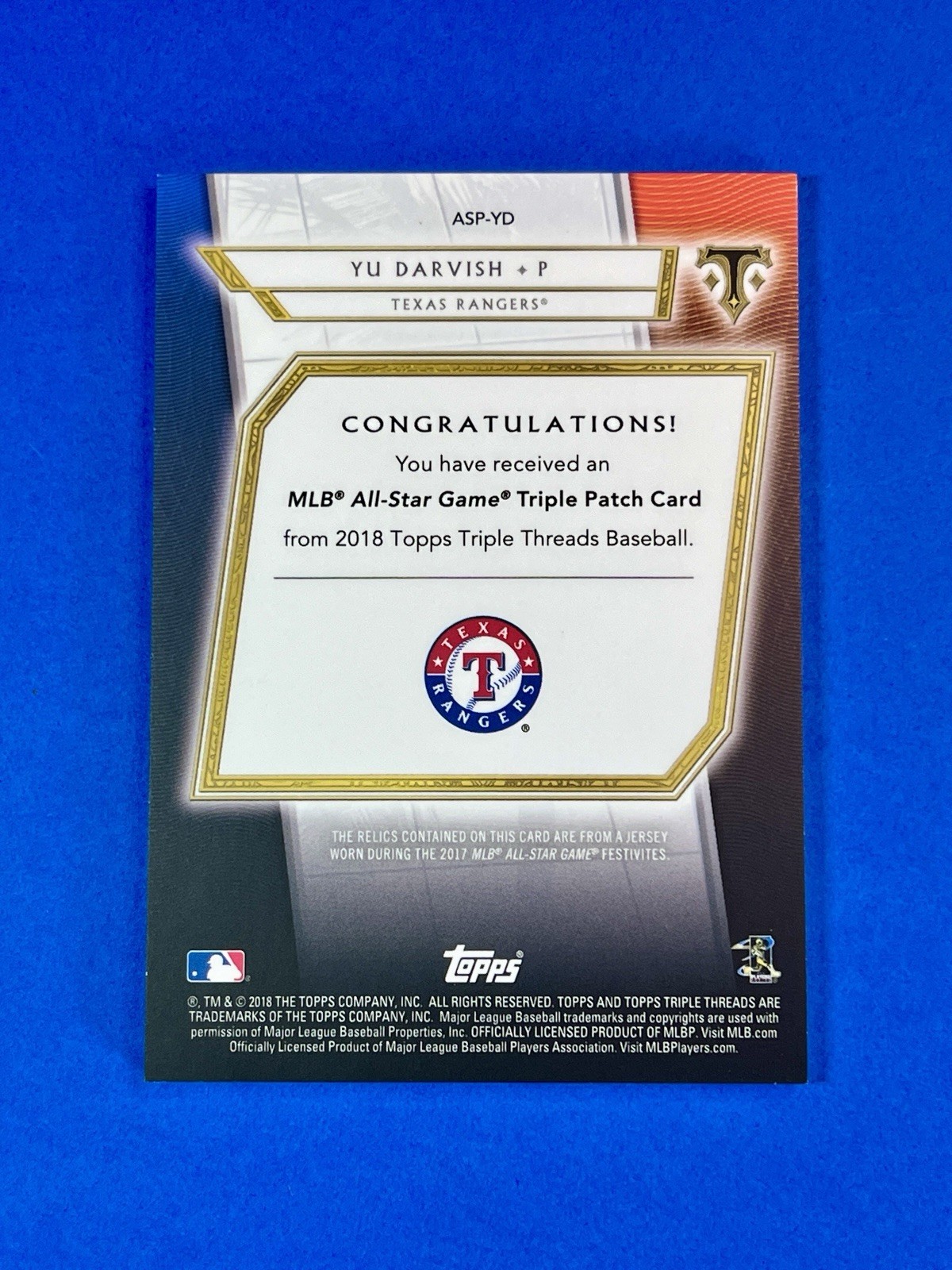 Yu Darvish 2018 Topps Triple Threads All Star Patches ASG Relic 8/9 Rangers