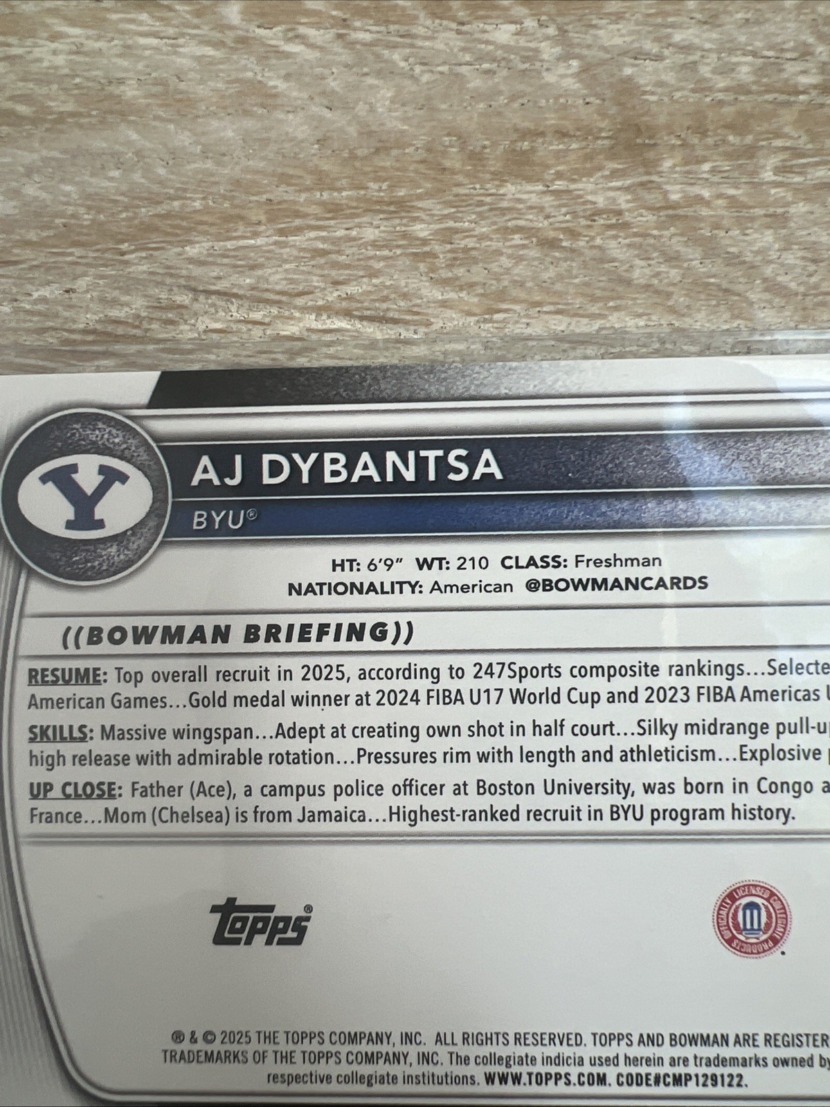 AJ Dybantsa 1st Bowman: 2025-26 Bowman Basketball -Base -BYU #BPP-1