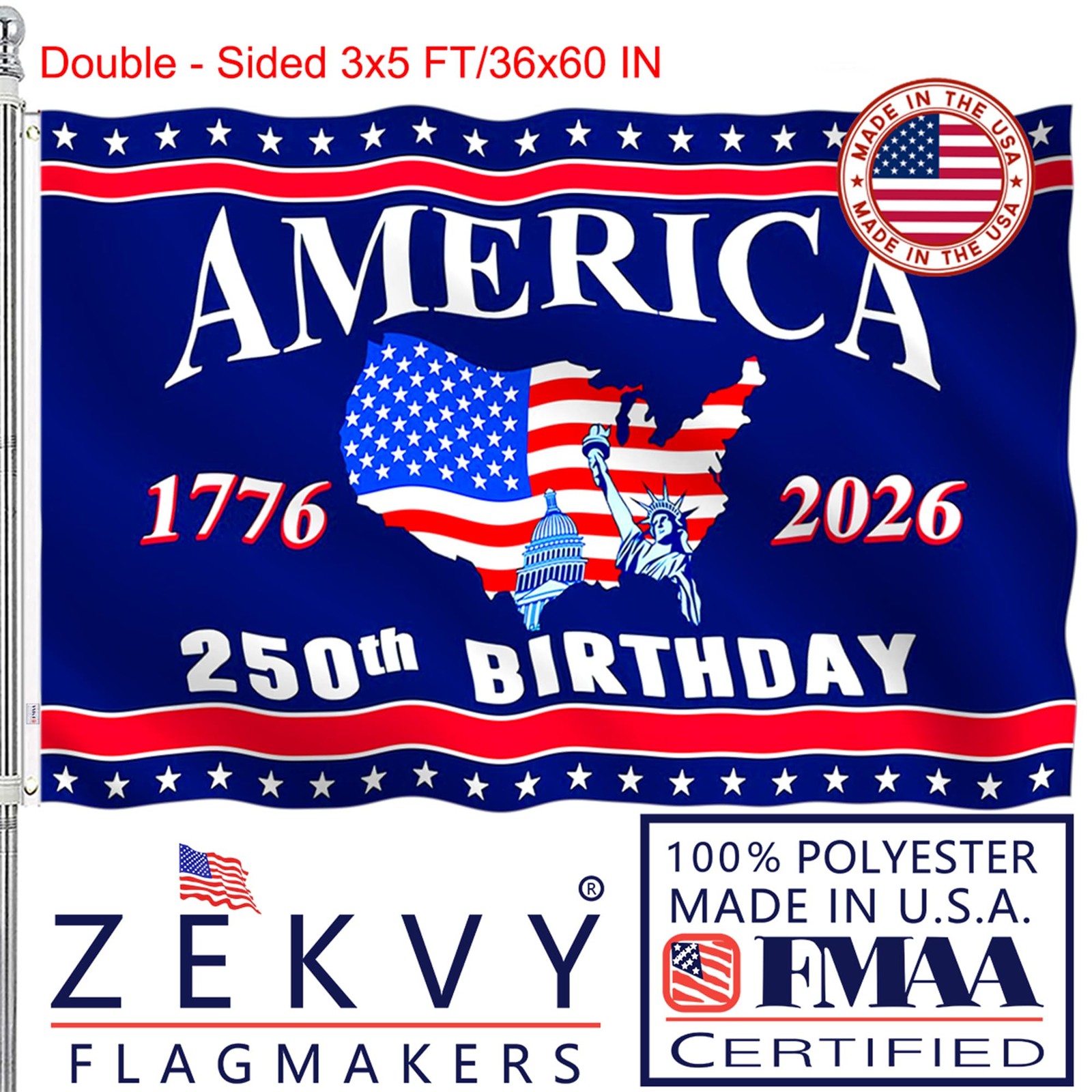 ZEKVY 250 Anniversary USA Flag 3×5 Made in USA- FT, Blue 250th