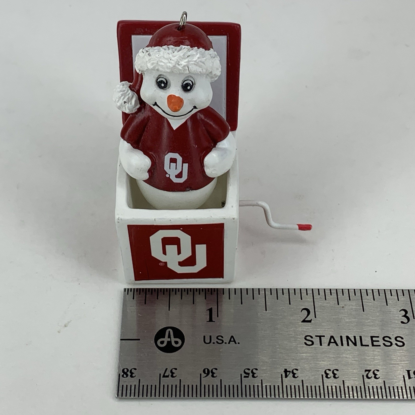 OU Oklahoma Sooners Jack In The Box Christmas Ornament 2.75″ Snowman Decor