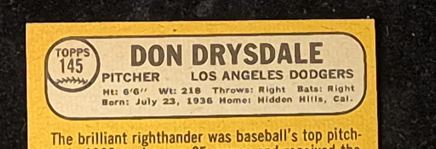 1968 Topps Don Drysdale #145 – HOF Well-Centered Near MINT NM LA Dodgers