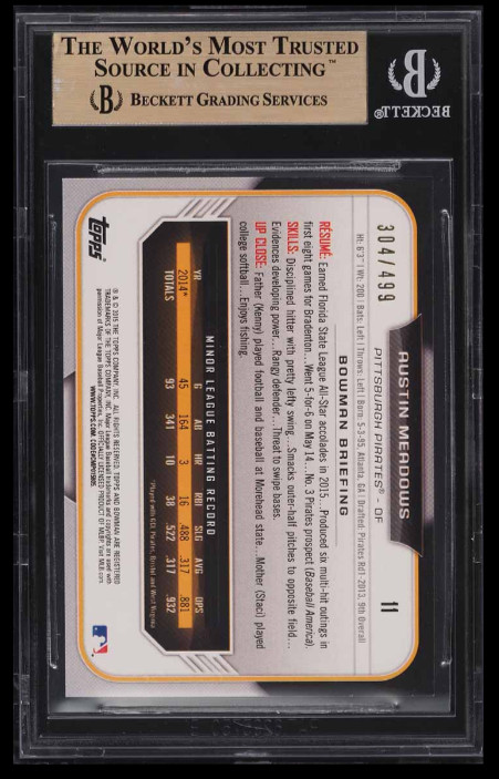 POP 1: Austin Meadows BGS 9.5: 2015 Bowman Draft Silver Pre-Rookie Gisto /499