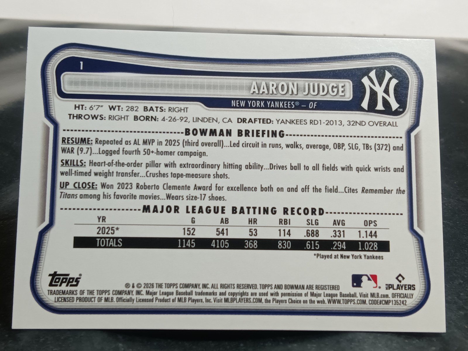 2026 Bowman #1 Aaron Judge – New York Yankees