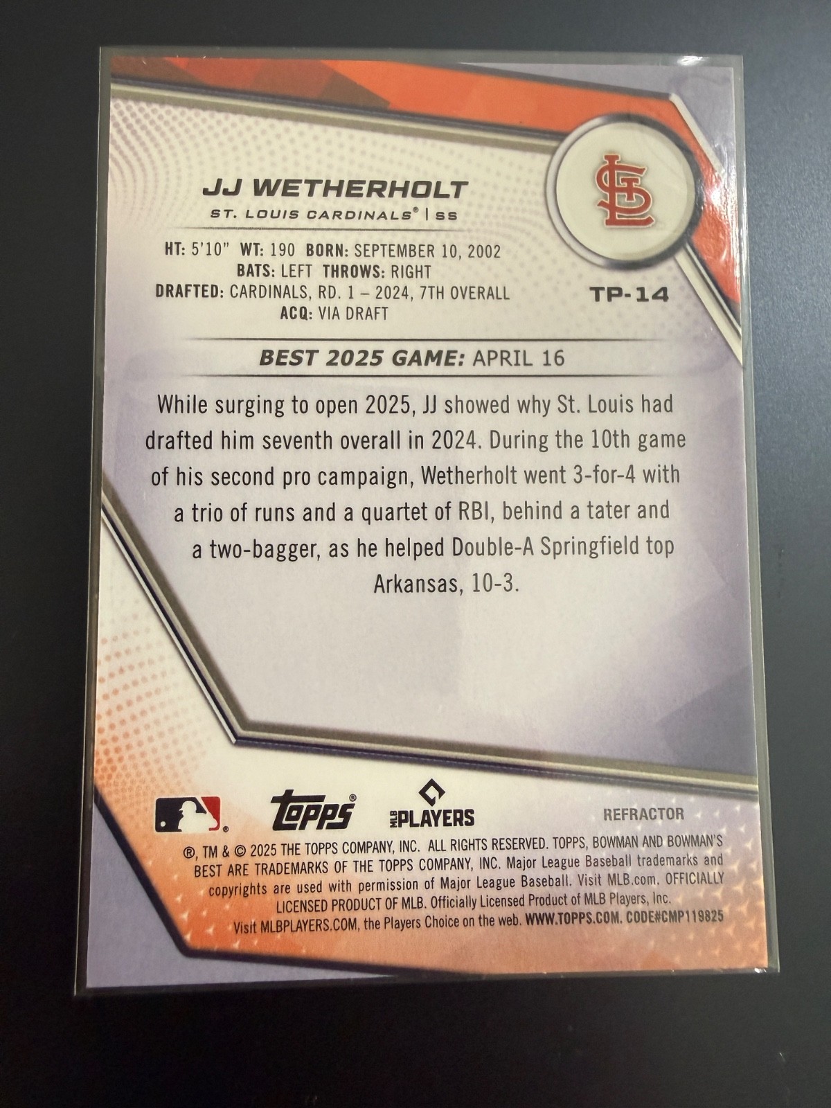 2025 Bowman’s Best Top Prospects JJ Wetherholt #TP-14 Refractor RC Cardinals NM