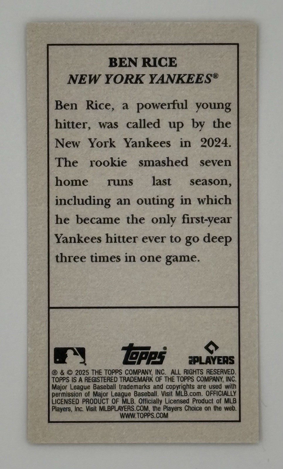 2025 Topps 205 mini Ben Rice Rookie 1911 T-205 design RC New York Yankees