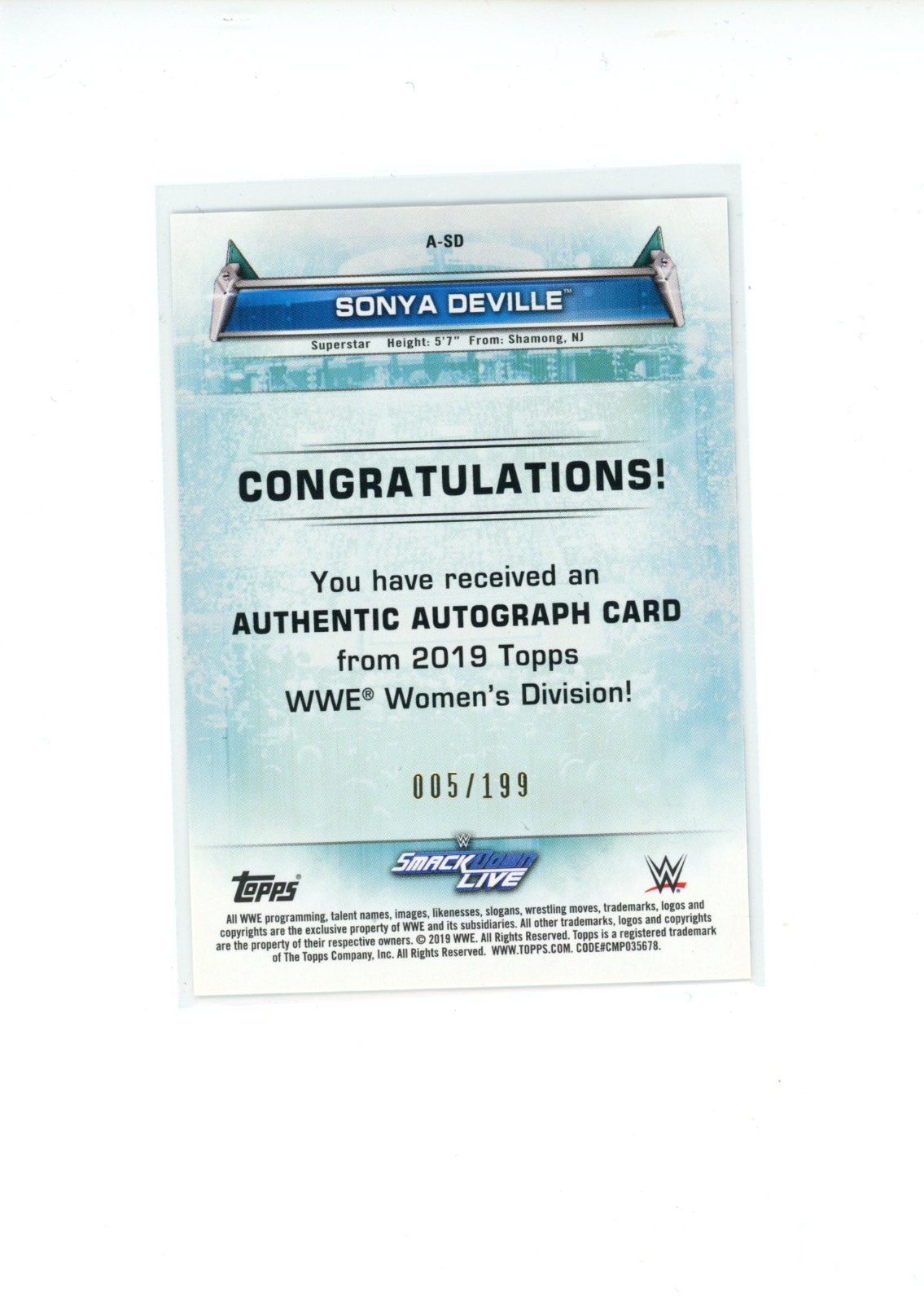 2019 Topps WWE Women’s Division Sonya Deville #A-SD Autograph Auto 5/199