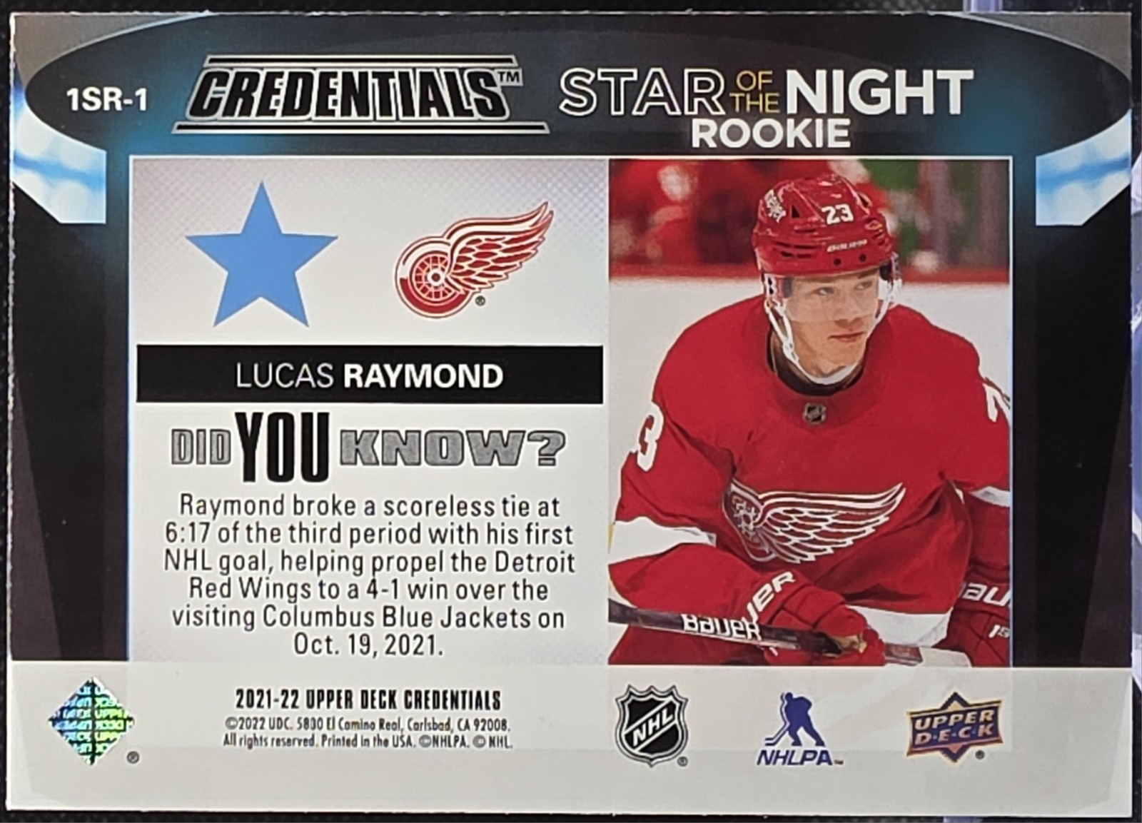 2021-22 UD Credentials Star of the Night Lucas Raymond RC #1SR-1 Red Wings