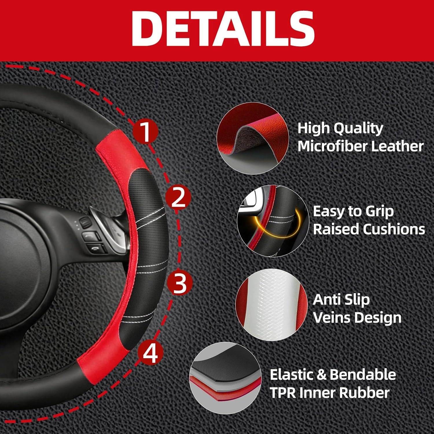 Car Steering Wheel Cover Seat Belt Pads Armrest Pad Cup Holder Mats Red Black