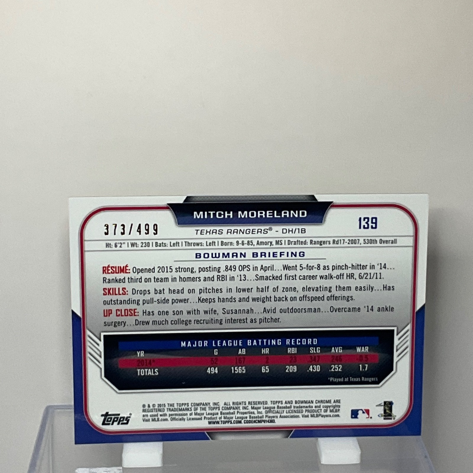 2015 Bowman Chrome – Mitch Moreland #139 Refractor /499