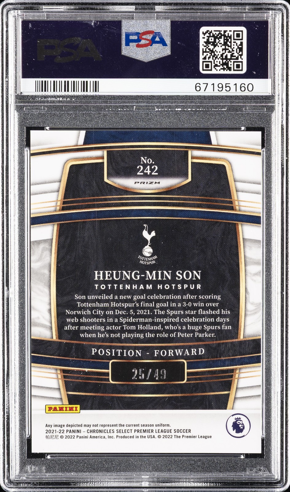 2021-22 PANINI CHRONICLES SELECT PREMIER LEAGUE-BLUE HEUNG-MIN SON 25/49 PSA 10