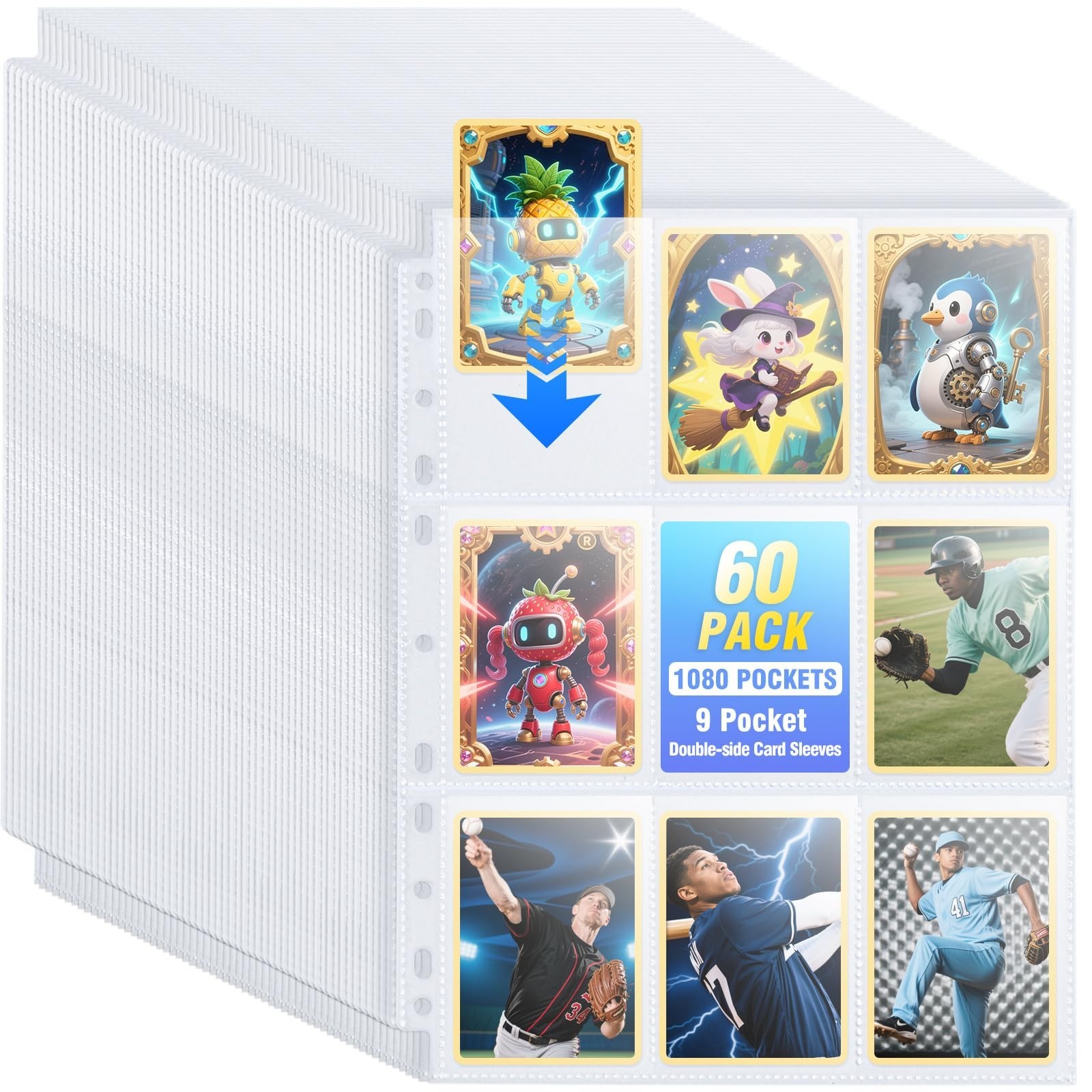 60 Pack 1080P Double-Sided Trading Card Sleeves for 3 Ring Binder – Ultra-Clear
