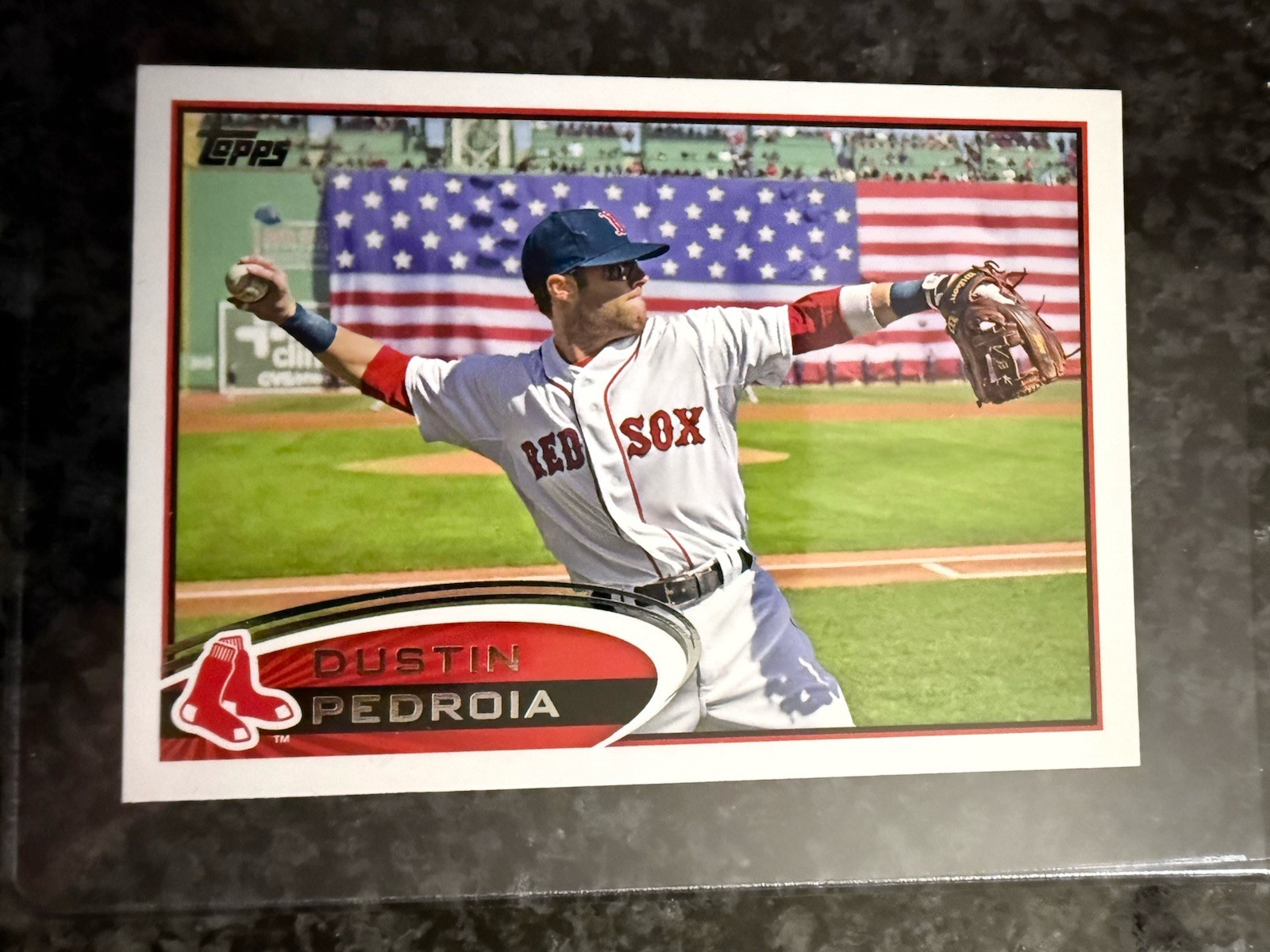 2012 Topps Dustin Pedroia #540 SP Green Monster Flag Image Variation