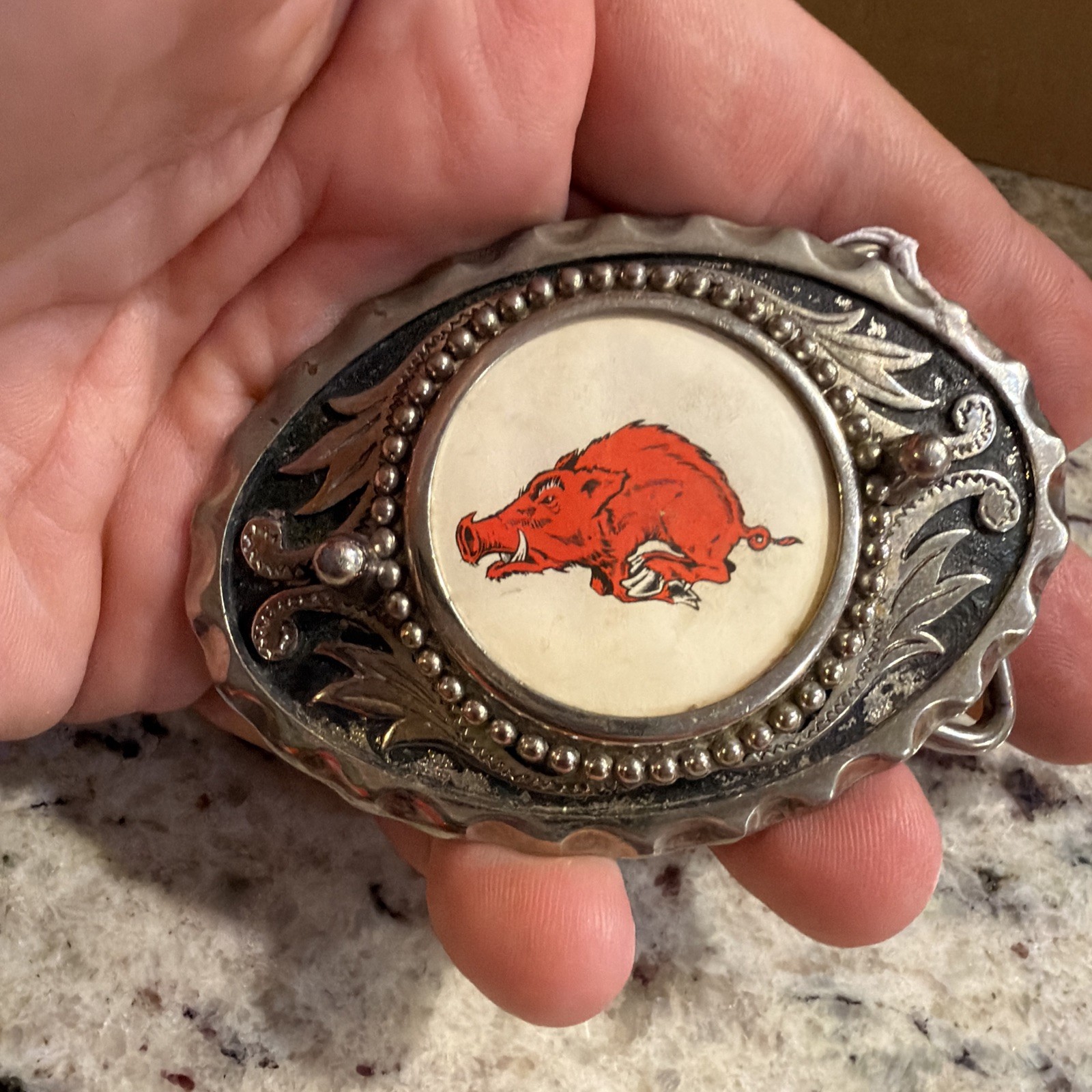 Vintage University Of Arkansas Razorback Western Silver Belt Buckle Hog Heaven