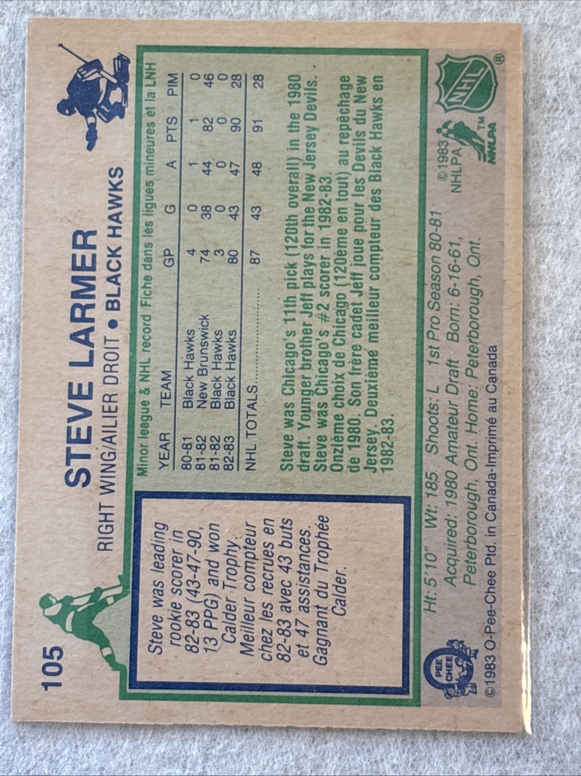 1983-84 O-Pee-Chee – Steve Larmer #105 (RC)