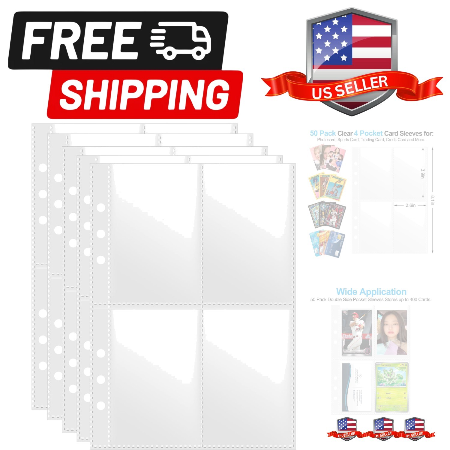 A5 4 Pocket Card Sleeves Binder Refill Pages – 50 Pack Stores 400 Cards – 6 R…