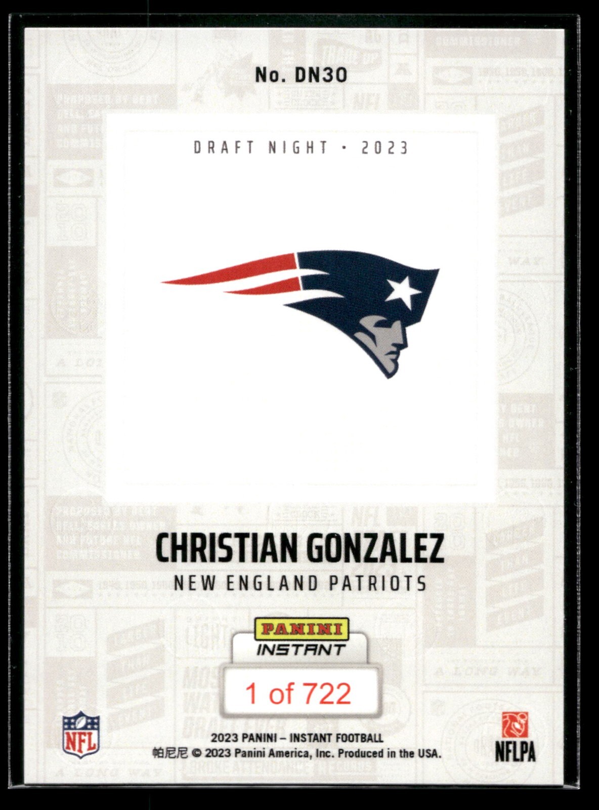 2023 Panini Instant Christian Gonzalez DRAFT NIGHT 1/722 SP Patriots #DN30 RC