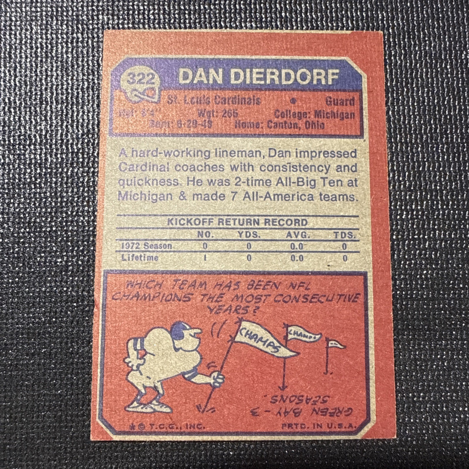 1976 Topps Dan Dierdorf Factory Miscut Error – Portion of Adjacent Card Visible