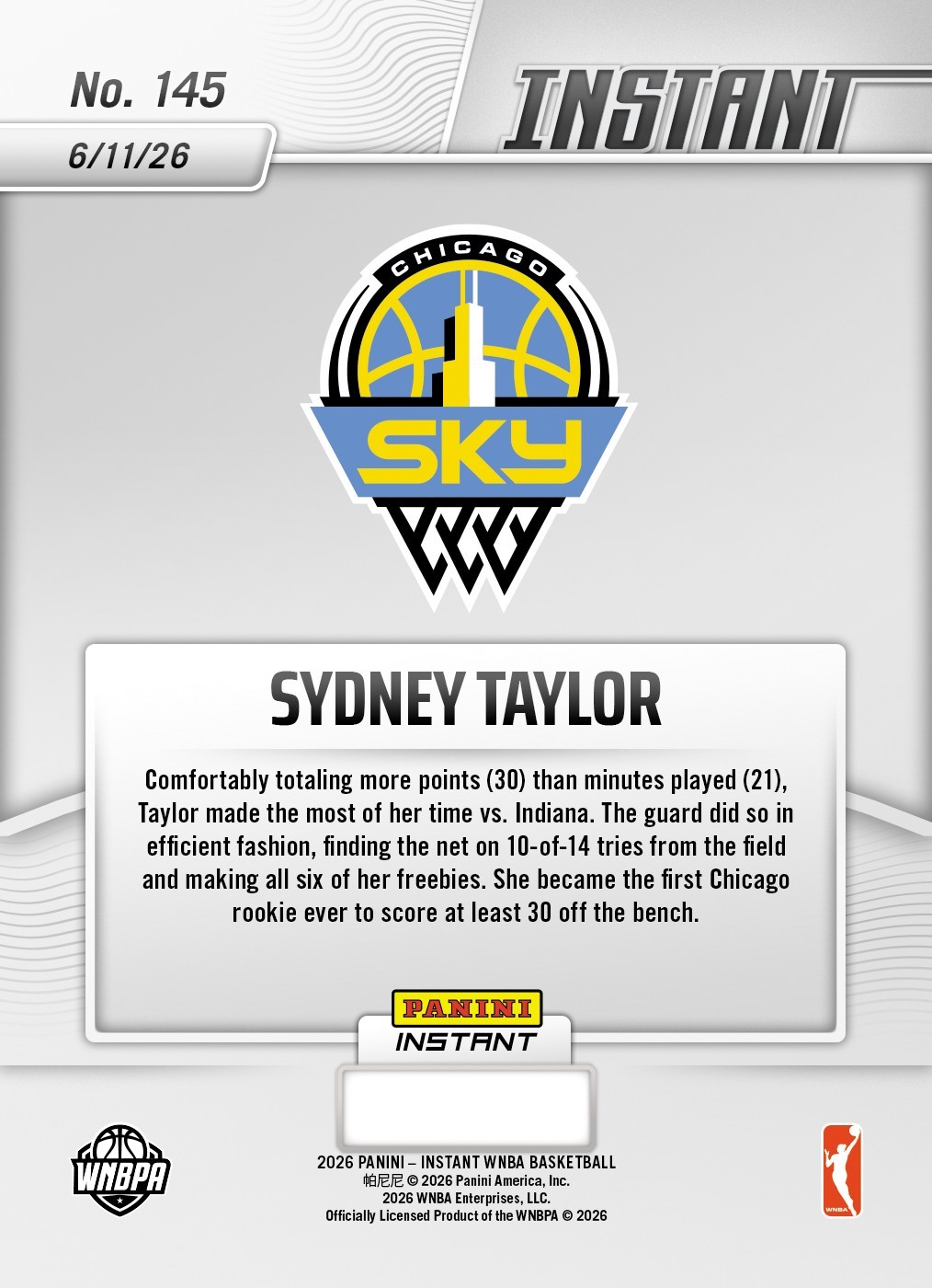 2026 Panini Instant WNBA #145 Sydney Taylor Chicago Sky RC Caitlin Clark PRESALE