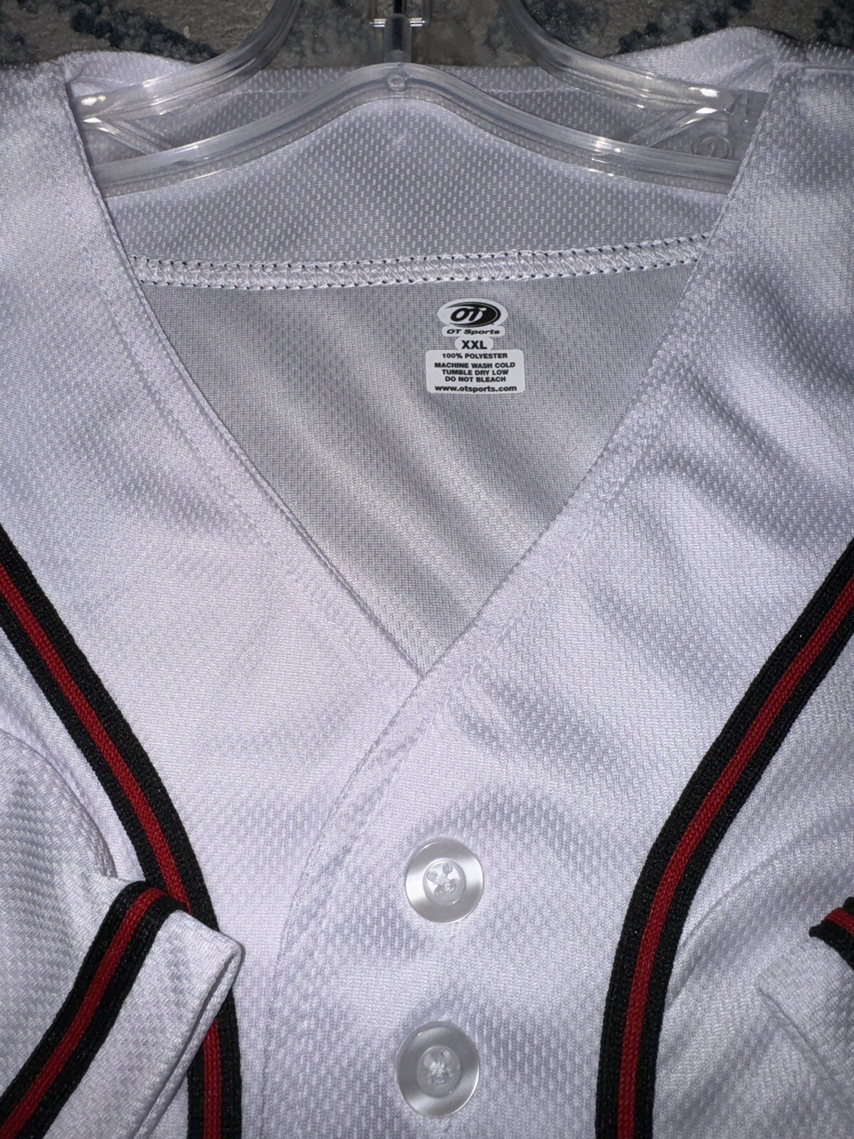 OT Sports Mens White and Red/Black Stripes Button Up Baseball Jersey Size XXL