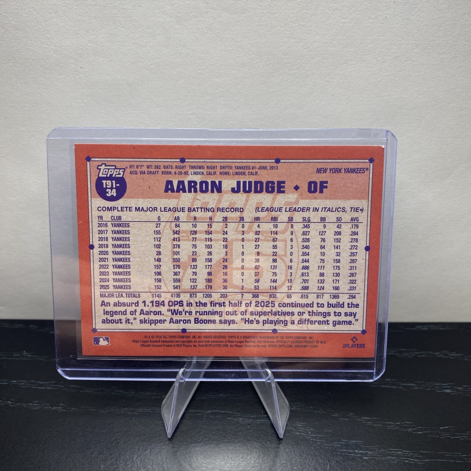 2026 Topps Series 1 – 1991 Topps Baseball Aaron Judge #T91-34