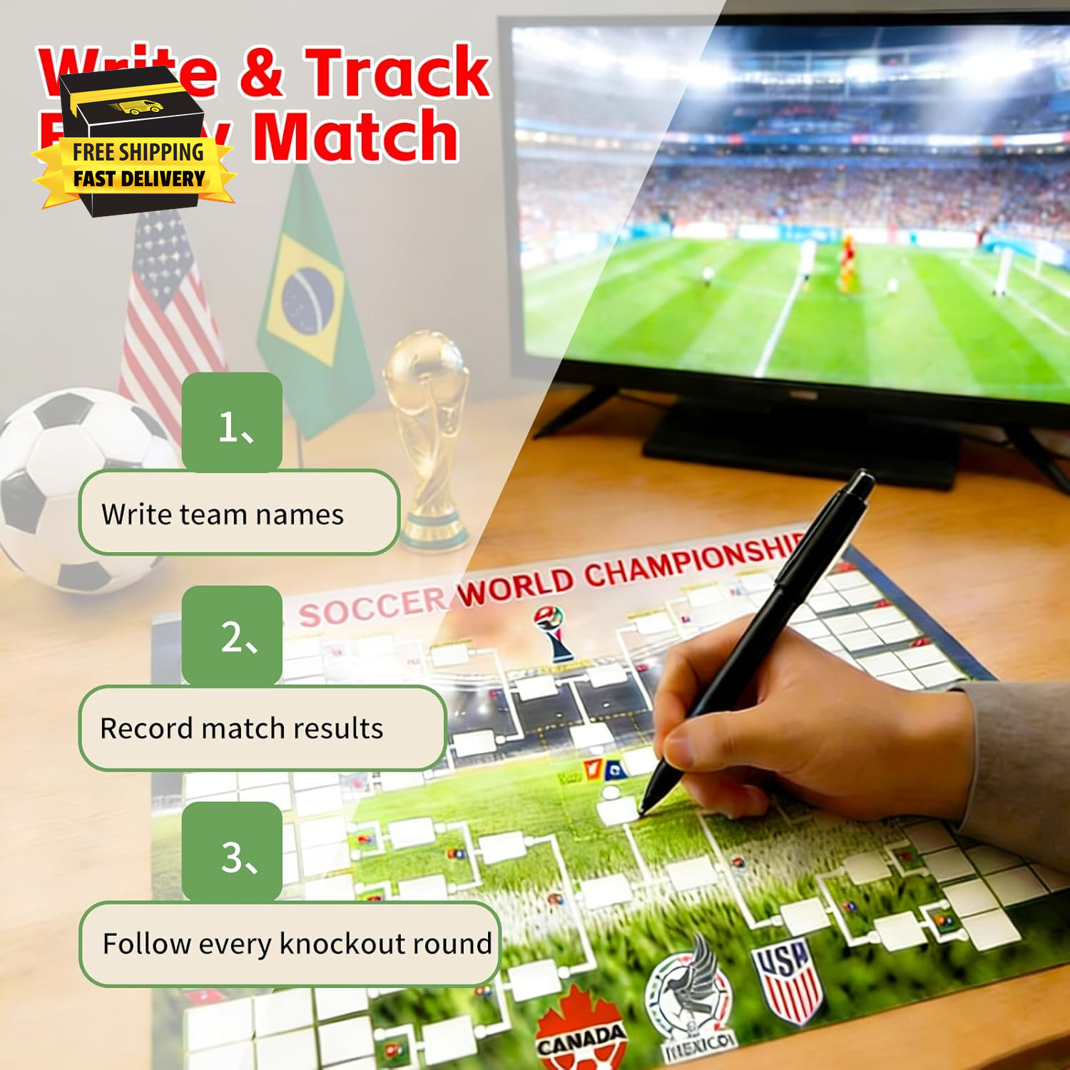 2026 World Cup Schedule Poster, 2-In-1 Double-Sided Soccer Wall Chart with 48-Te