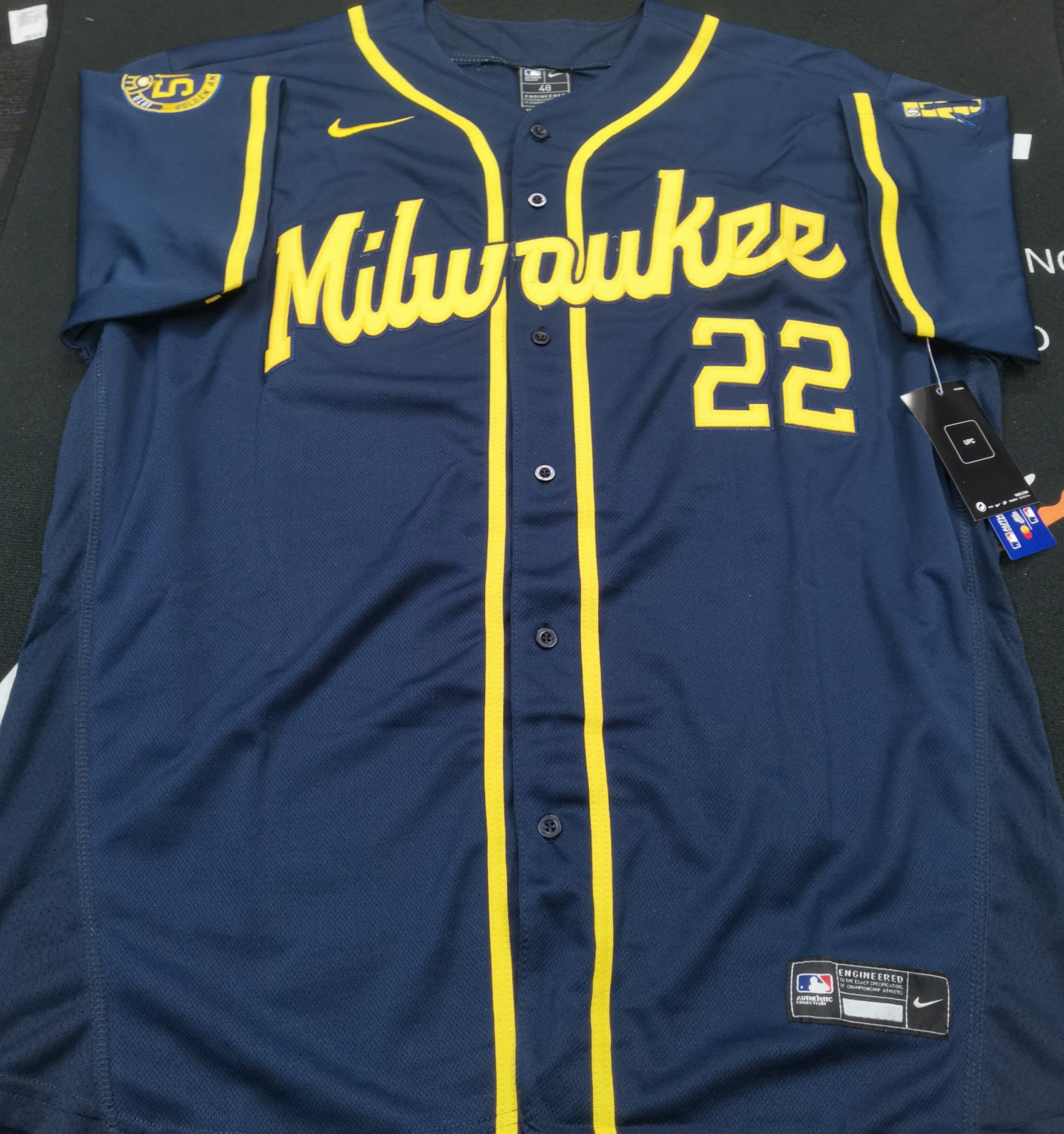 Christian Yelich #22 Brewers Navy Flex Base Sewn Stitched Jersey.