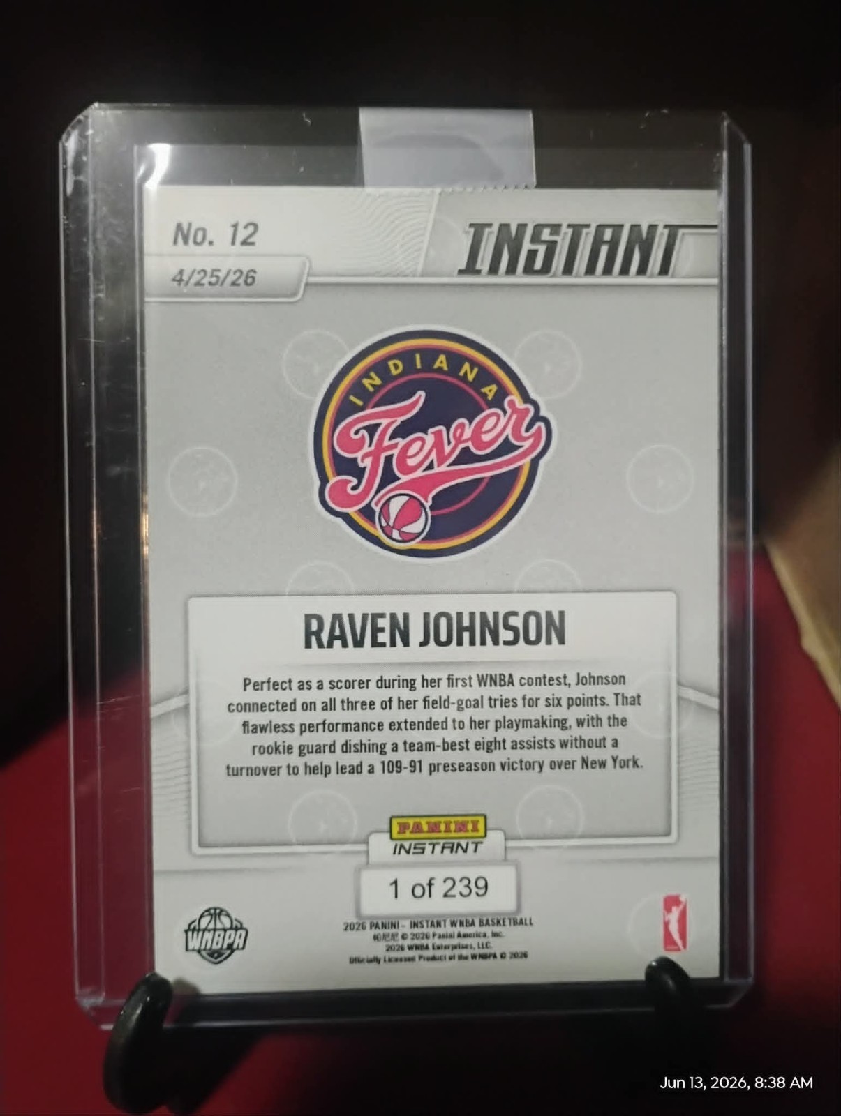 2026 Panini Instant WNBA #12 Raven Johnson Indiana Fever RC PR: 239