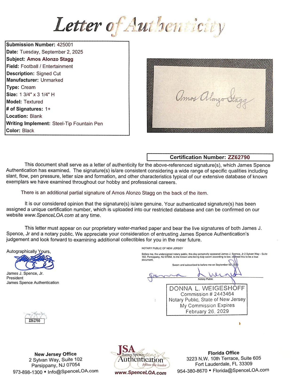 Amos Alonzo Stagg Autographed 3″x1 1/2″ Cut JSA LOA Chicago Maroons