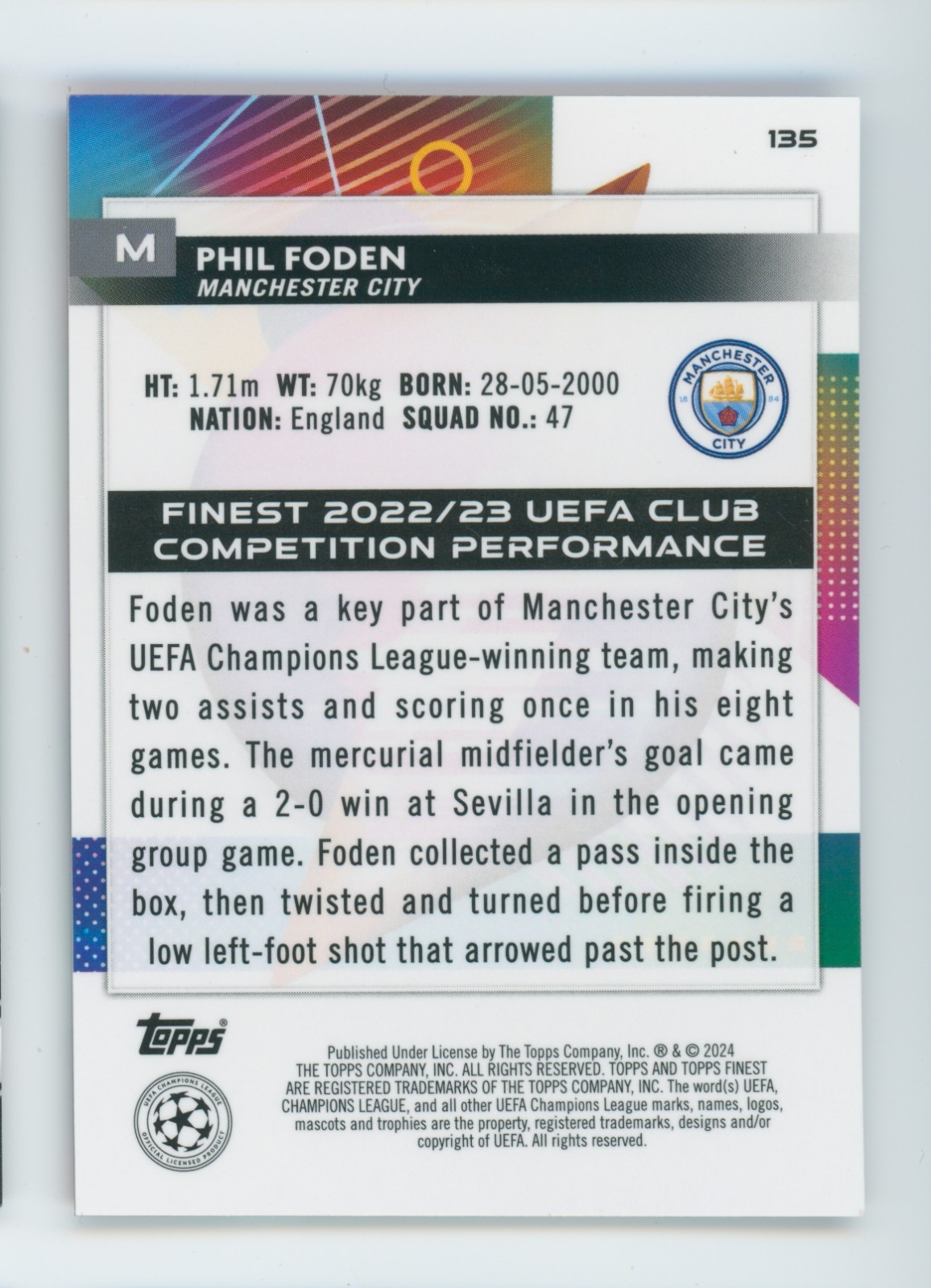 2023-24 Phil Foden Topps Finest Red/Black Refractor Manchester City Card 8/10