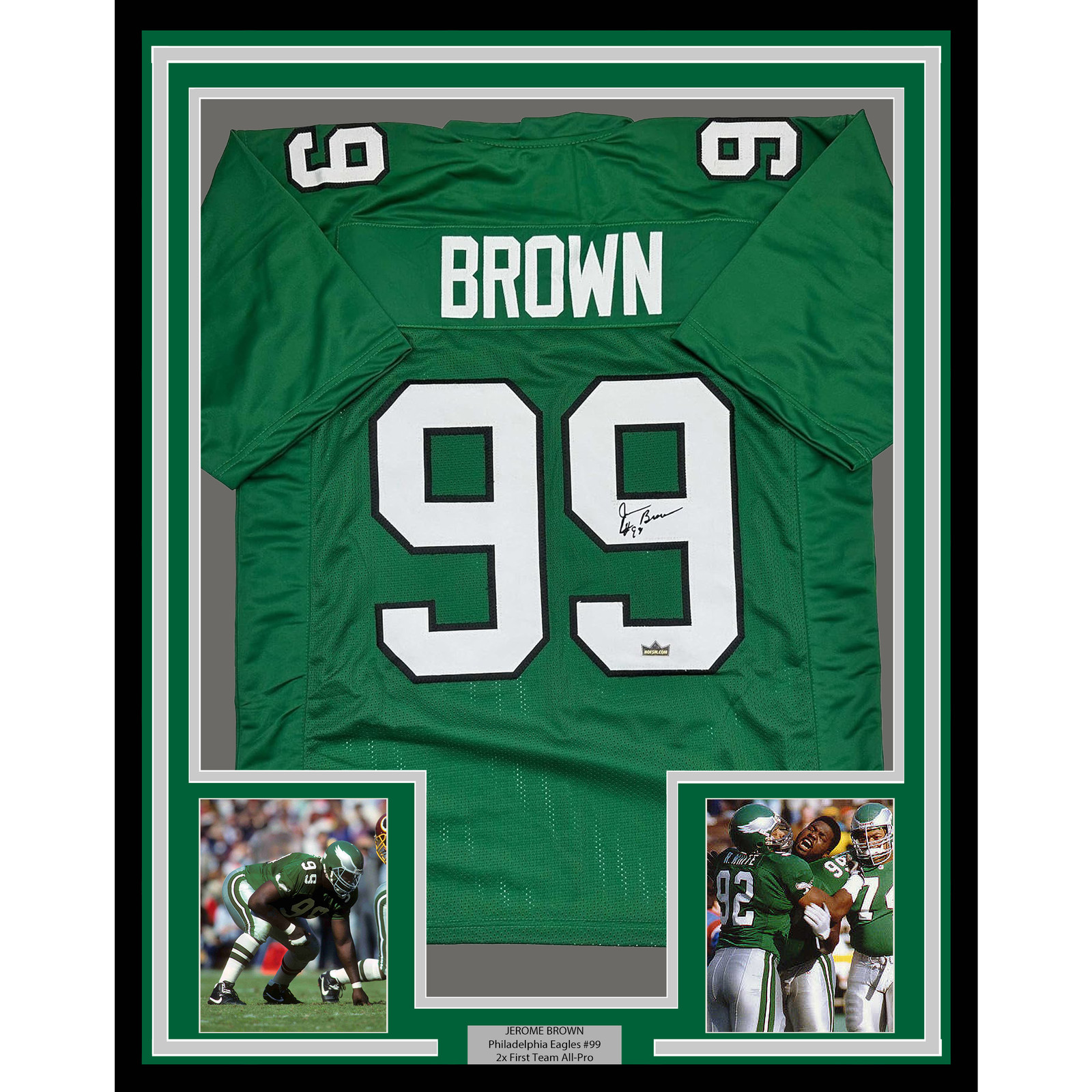 Framed Facsimile Autographed Jerome Brown 35×39 Kelly Green Reprint Jersey