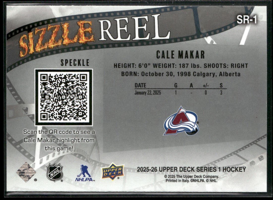 2025-26 Upper Deck Series 1 – Cale Makar Sizzle Reel Speckle SR-1 Avalanche